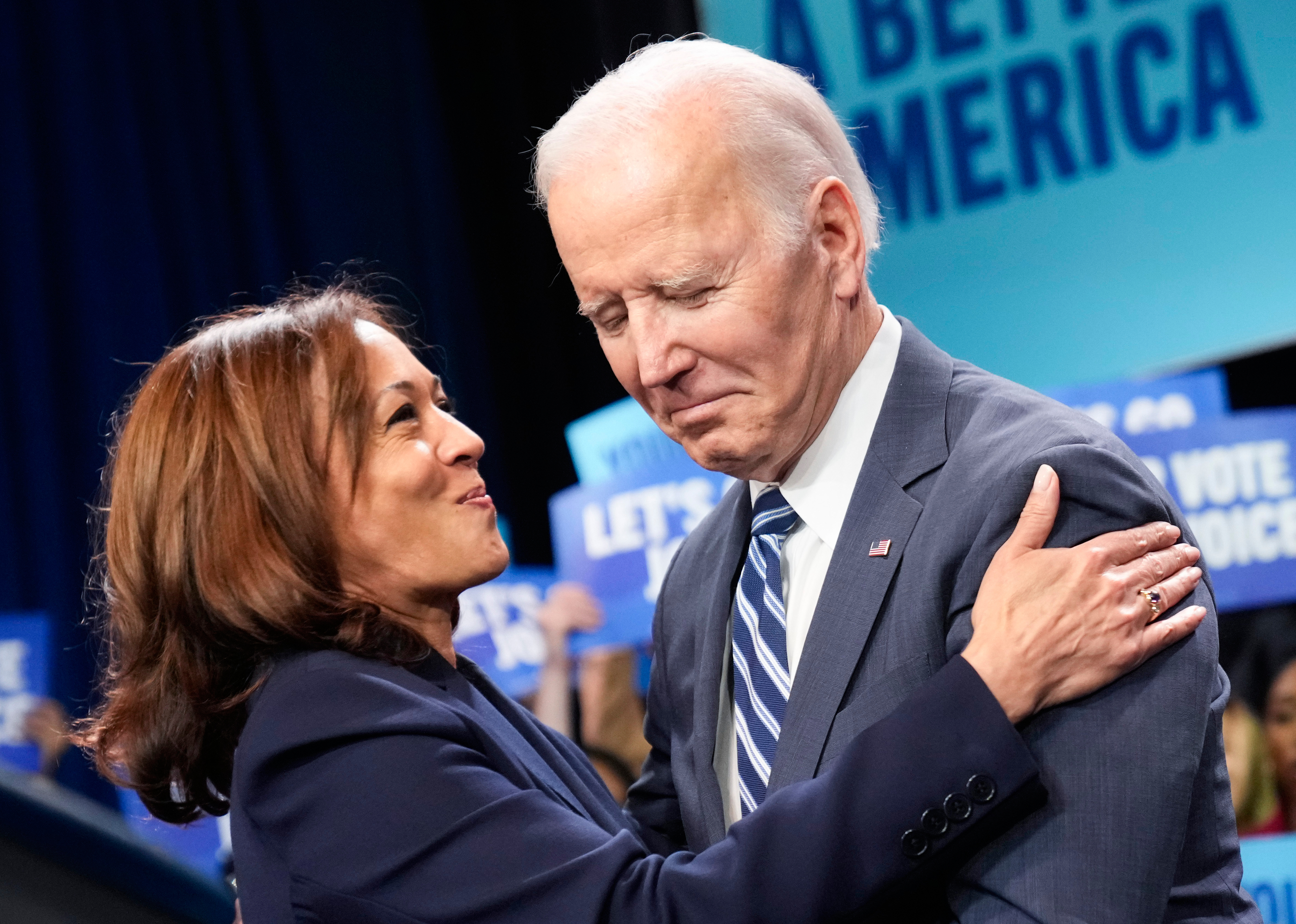 FILE - Vice President Kamala Harris hugs President Joe Biden as he walks to speak at Howard Theatre in Washington, Nov. 10, 2022. (Andrew Harnik - AP)
