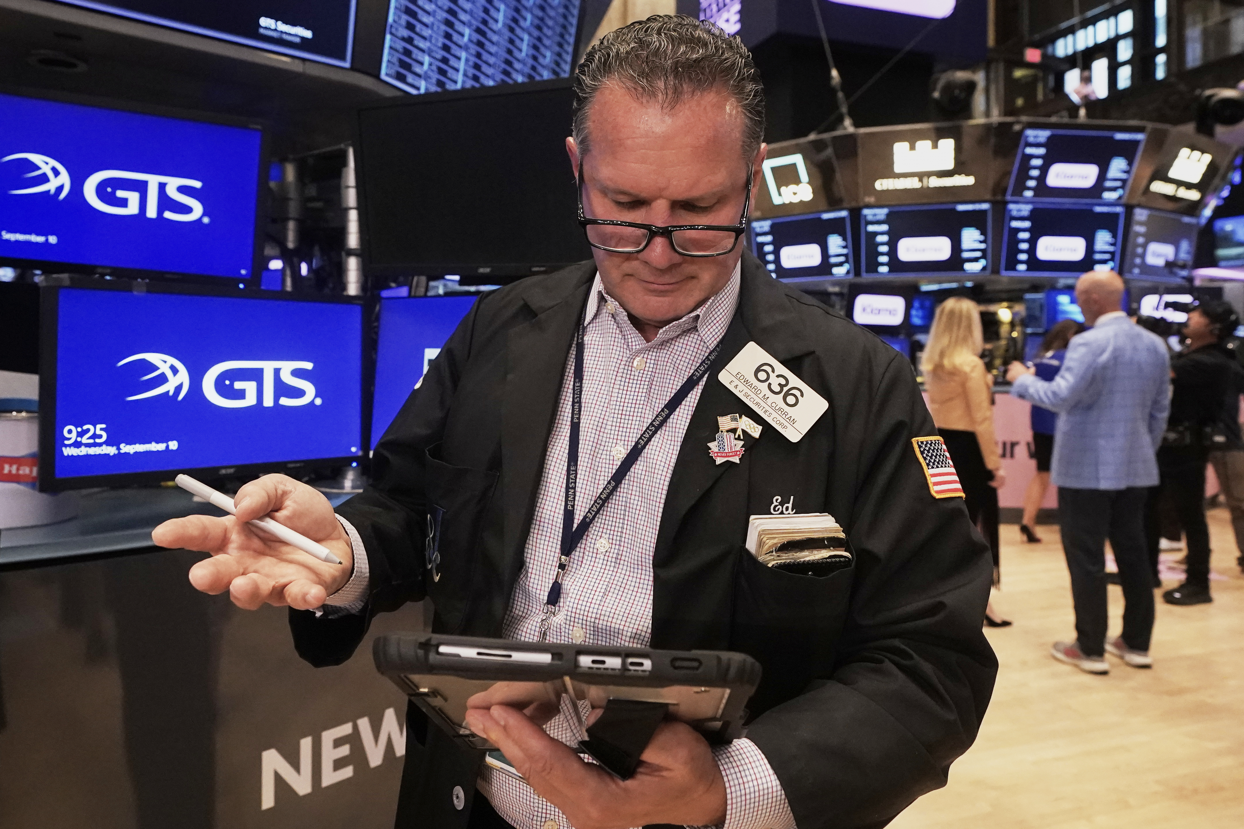 Trader Edward Curran works on the floor of the New York Stock Exchange, Wednesday, Sept. 10, 2025. (Richard Drew - AP)