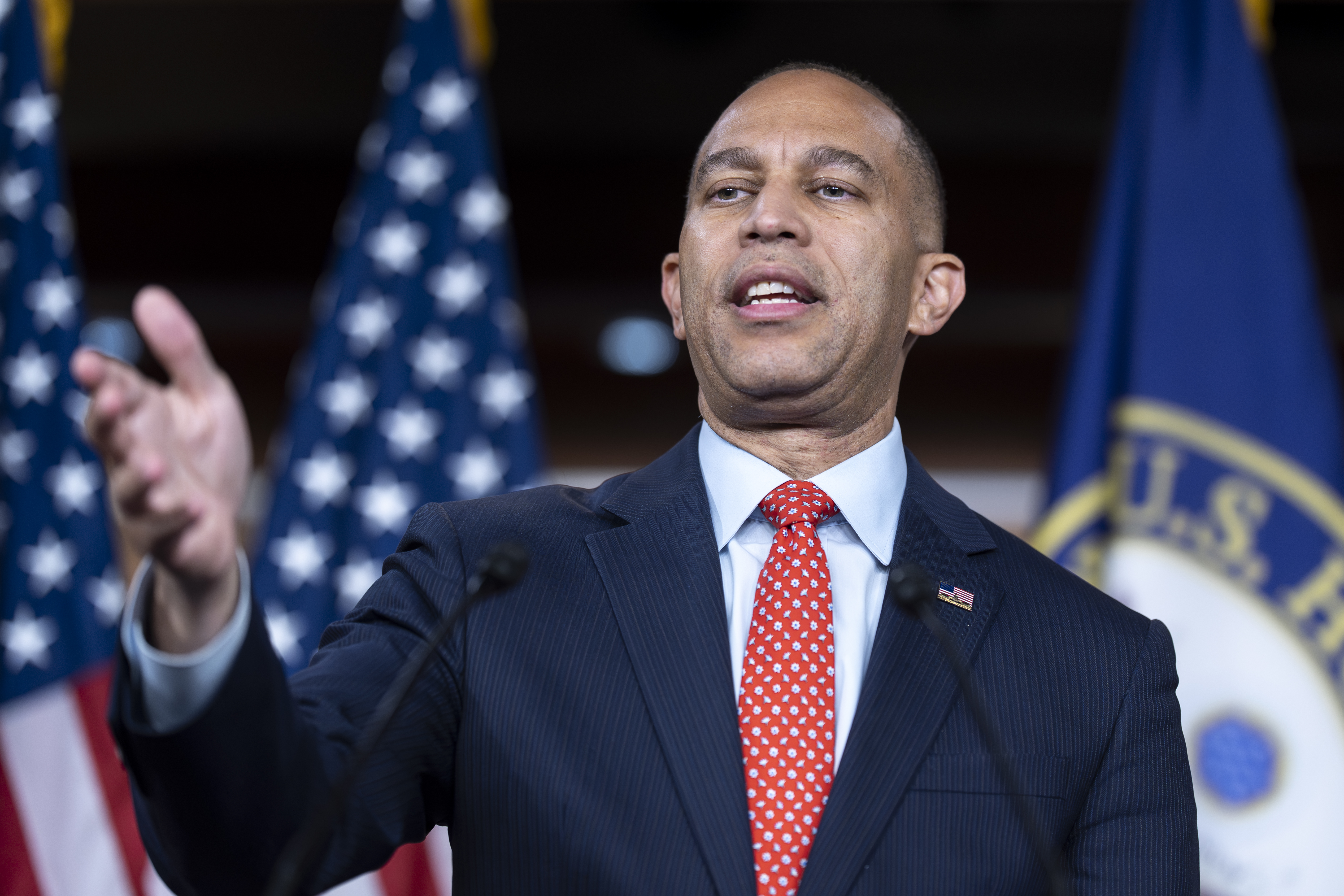 House Minority Leader Hakeem Jeffries, D-N.Y., tells reporters that Republicans are jeopardizing health care for Americans with their policies and their strategy to fund the government before the deadline at the end of the month, at the Capitol in Washington, Tuesday, Sept. 16, 2025. (J. Scott Applewhite - AP)