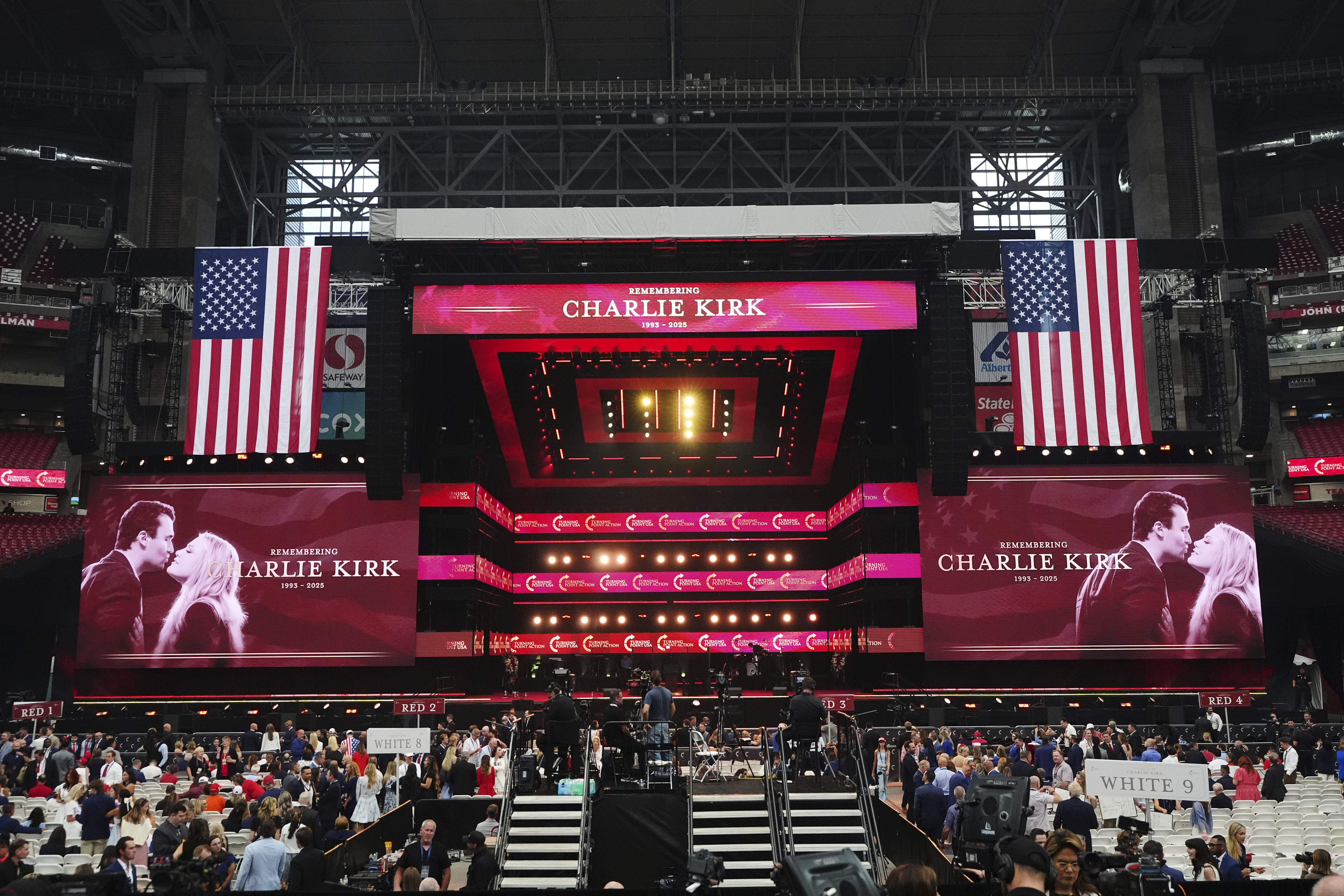 The stage is seen before the start of a memorial for conservative activist Charlie Kirk, Sunday, Sept. 21, 2025, at State Farm Stadium in Glendale, Ariz. (Ross D. Franklin - AP)