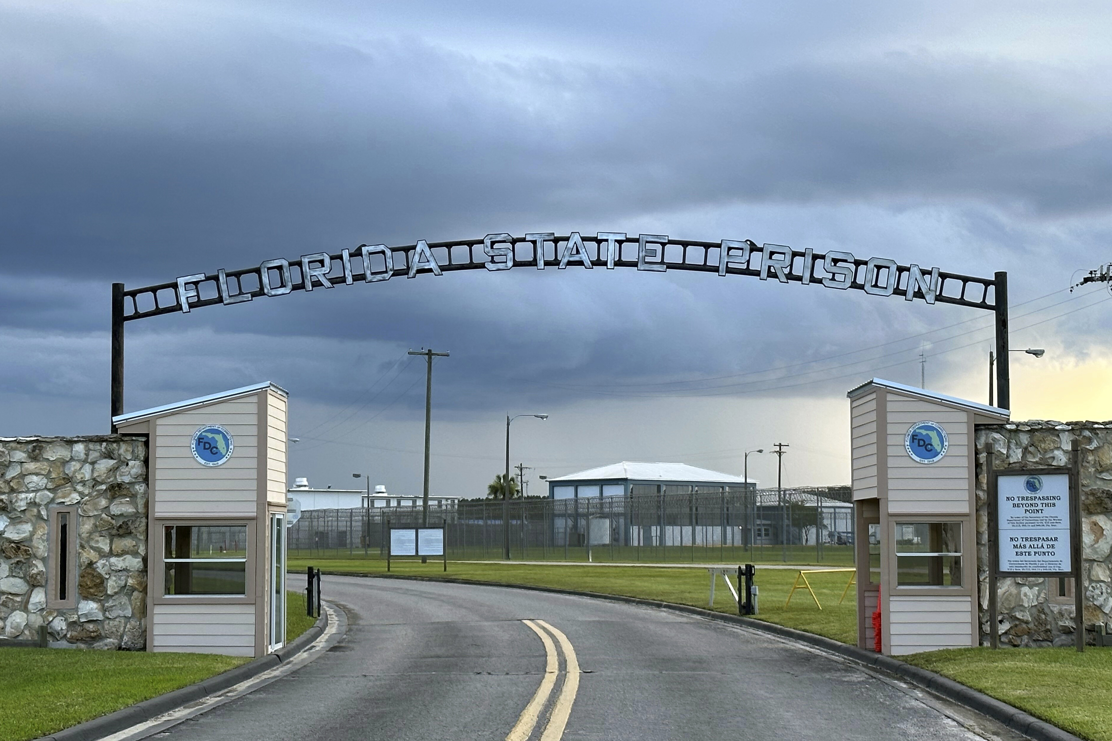 FILE - Clouds hover over the entrance of the Florida State Prison in Starke, Fla., Aug. 3, 2023. (Curt Anderson - AP)