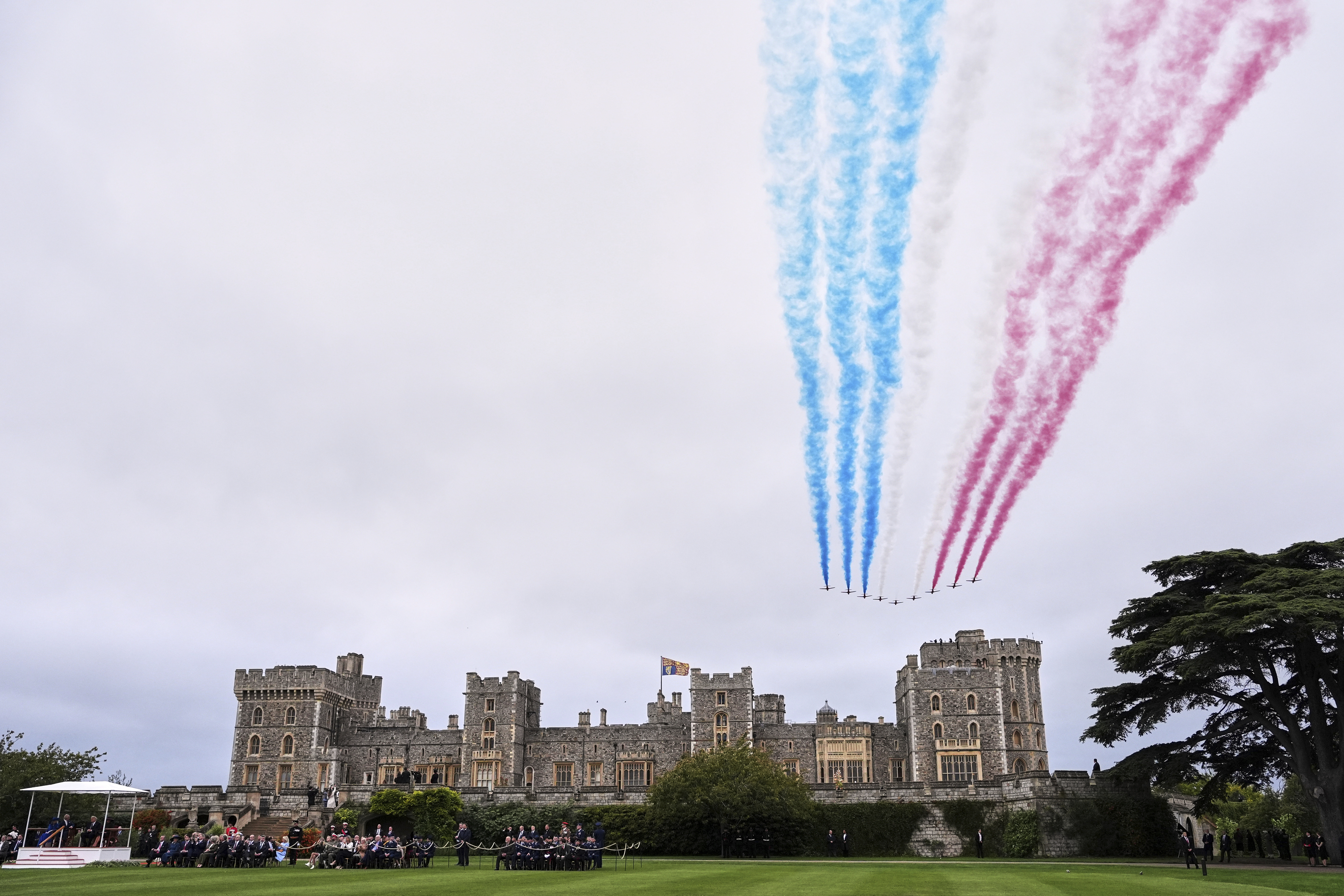 The Red Arrows fly in formation over Windsor Castle during the State visit of President Donald Trump and first lady Melania Trump in Windsor, England, Wednesday, Sept. 17, 2025. (Evan Vucci - AP)