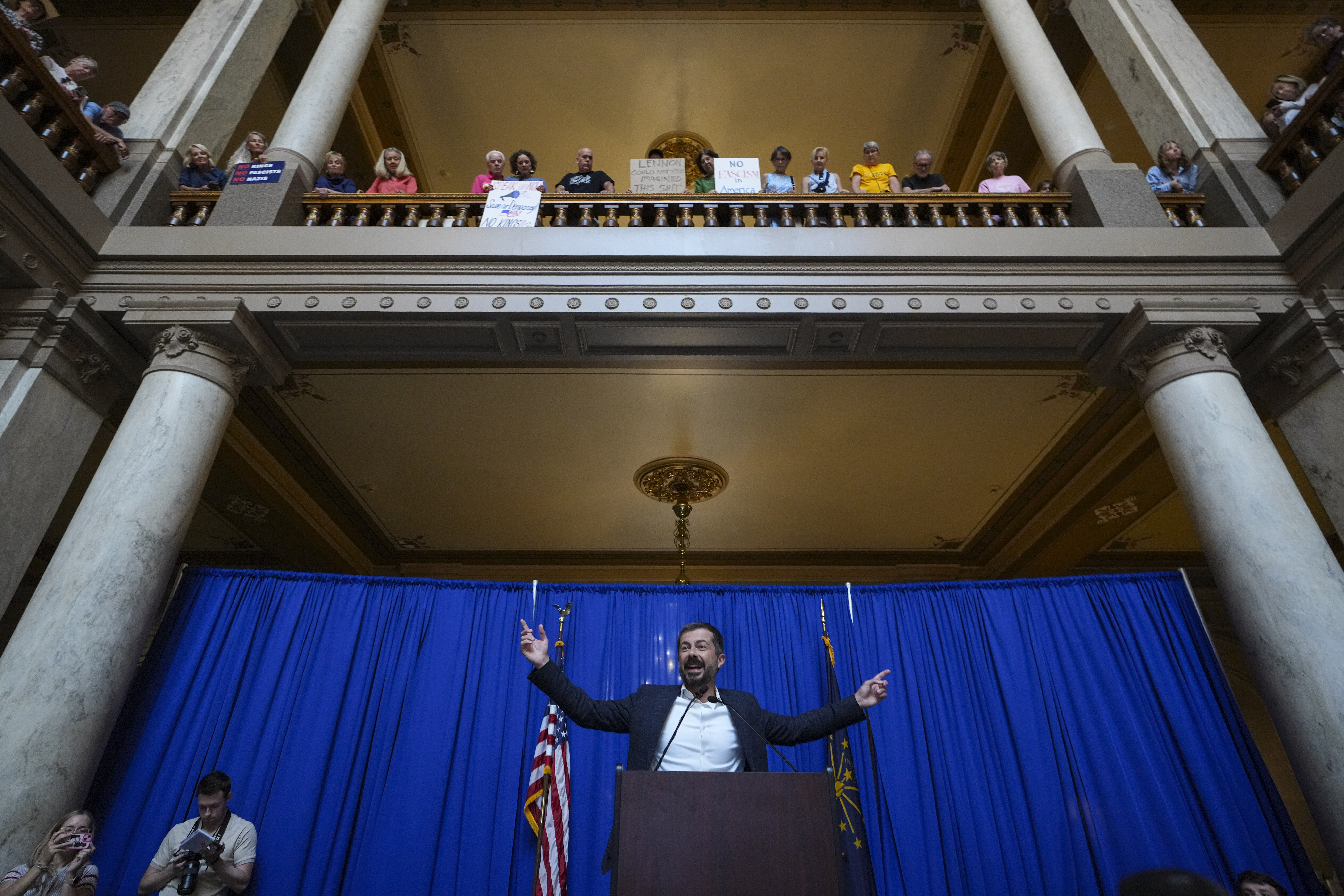 Former Transportation Secretary Pete Buttigieg speaks at a rally at the Statehouse in Indianapolis, Thursday, Sept. 18, 2025 for Indiana Democrats amid pressure from President Donald Trump on Republicans who control the state's legislature to redistrict congressional seats. (Michael Conroy - AP)