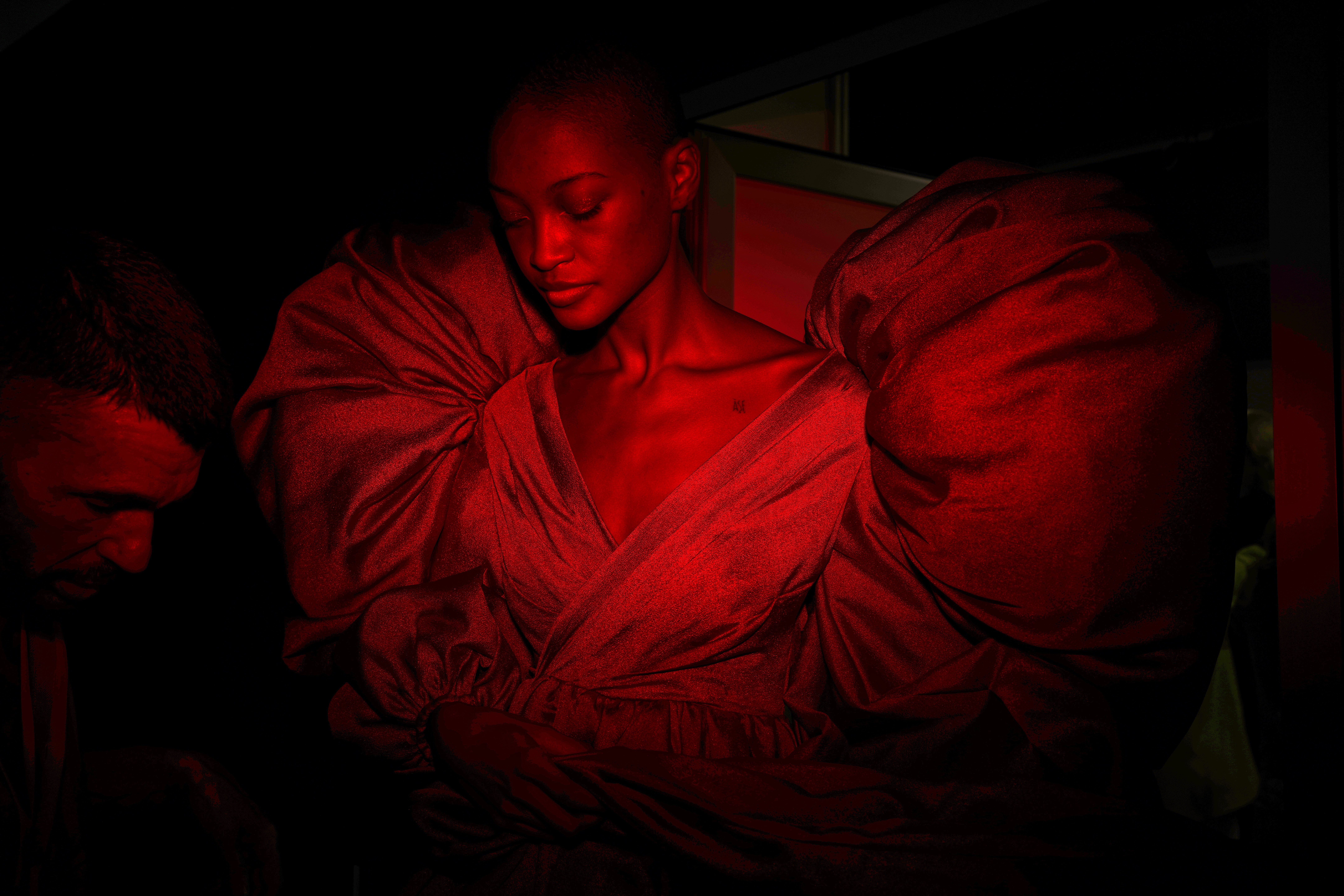 A model wears design by De La Cierva y Nicolas backstage during the brand's show at Fashion Week in Madrid, Spain, Friday, Sept. 19, 2025. (Manu Fernandez - AP)