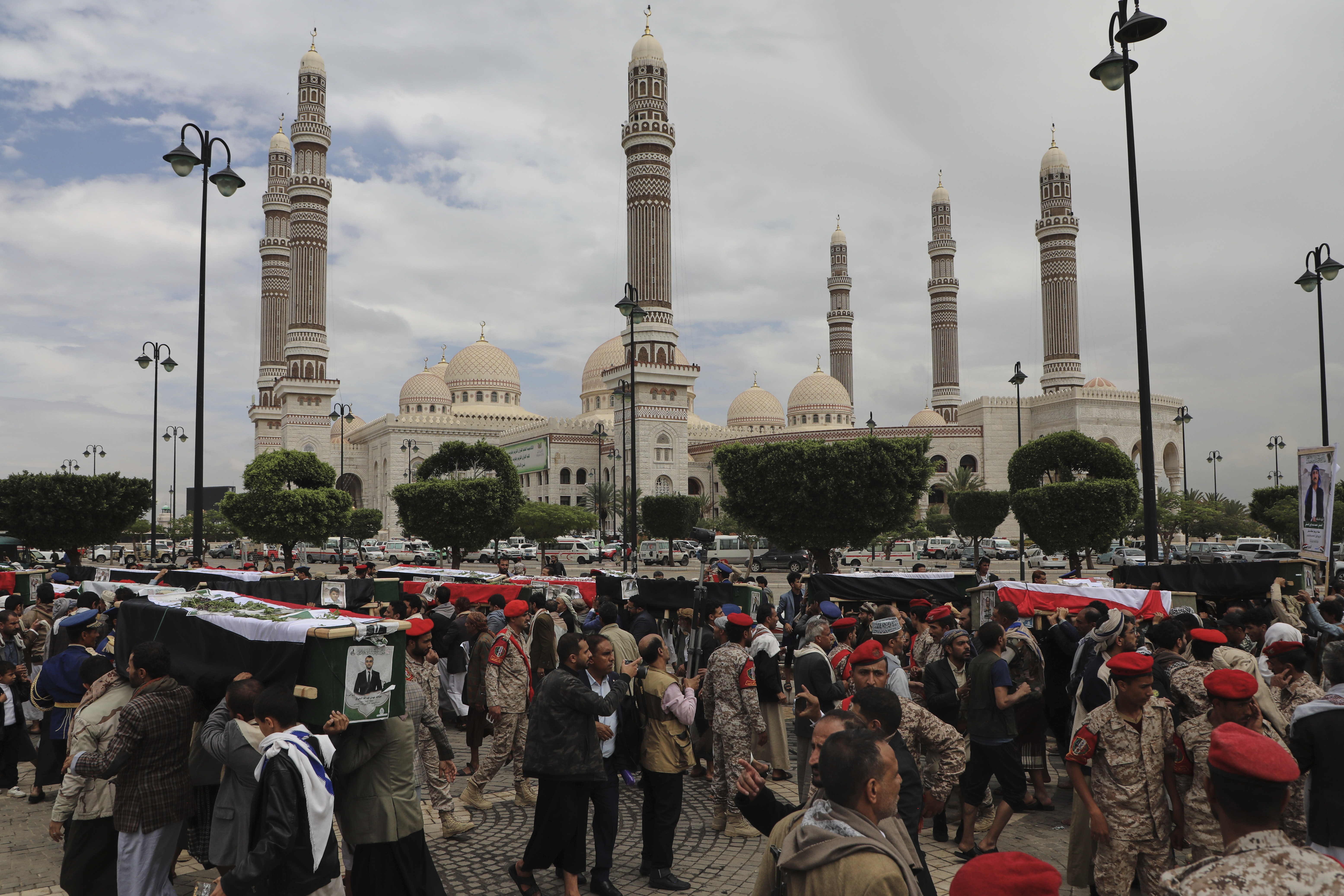 Yemenis cary the coffins of 31 local journalists reportedly killed in Israeli airstrikes last week, during their funeral in Sanaa, Yemen, Tuesday, Sept. 16, 2025. (Osamah Abdulrahman - AP)