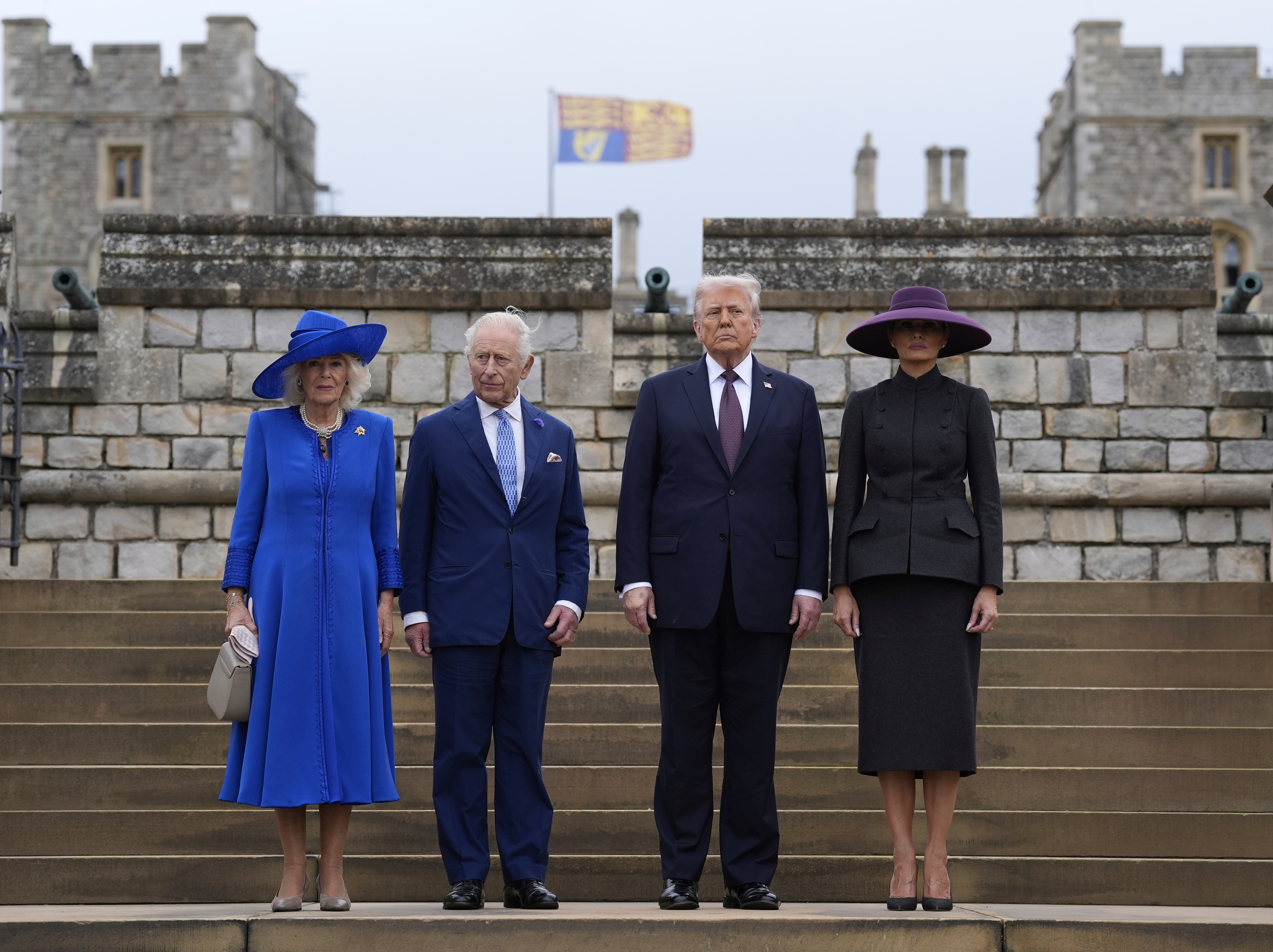 From left, Britain's Queen Camilla, Britain's King Charles III, U.S. President Donald Trump and First Lady Melania Trump arrive for the Beating Retreat military ceremony at Windsor Castle, England, on Wednesday Sept. 17, 2025, day one of the president's second state visit to the UK. (Andrew Matthews - Pool PA)