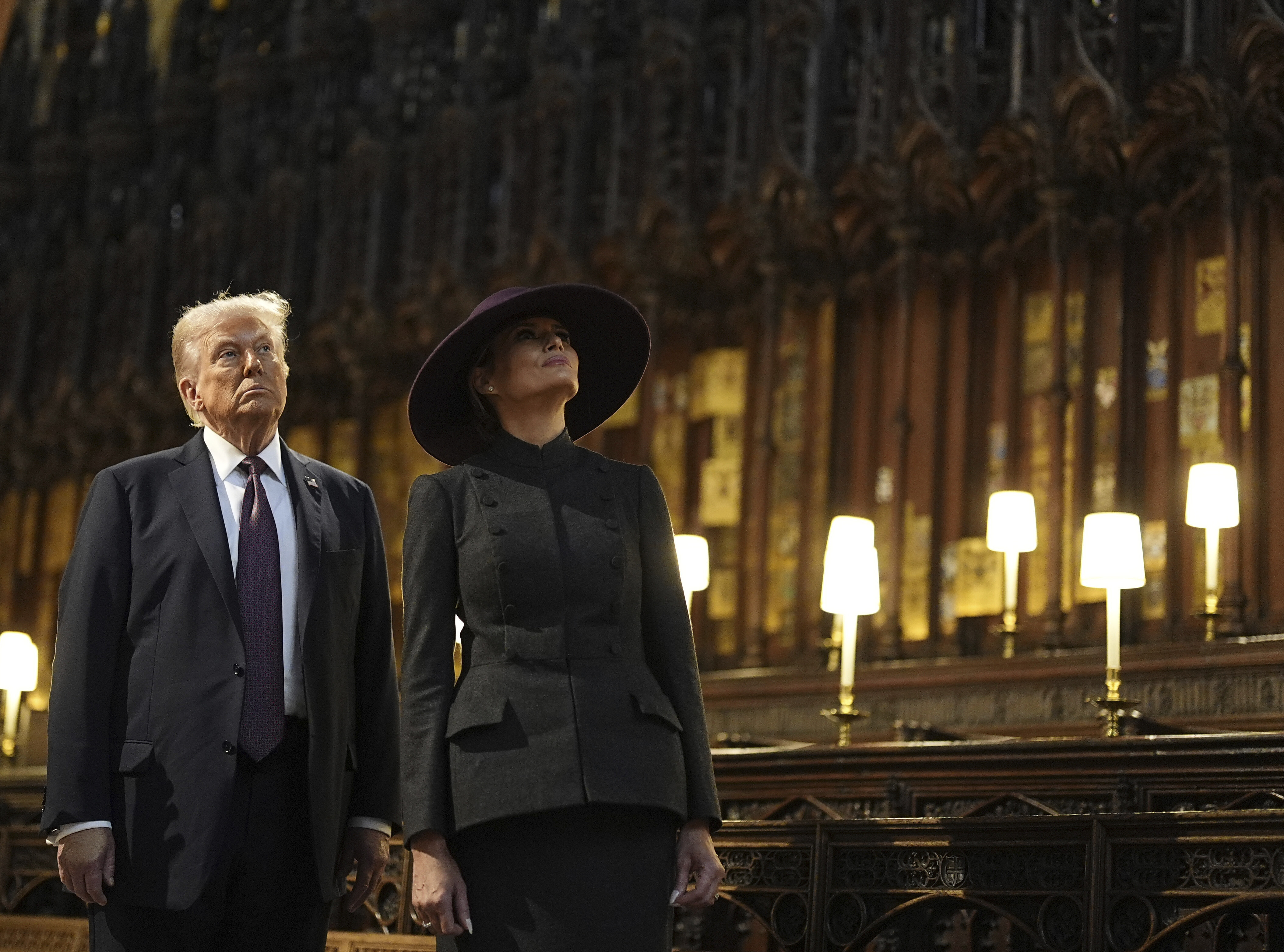 President Donald Trump and first lady Melania Trump attend their visit to St George's Chapel at Windsor Castle, in Windsor, England, Wednesday Sept. 17, 2025. (Aaron Chown - Pool PA)