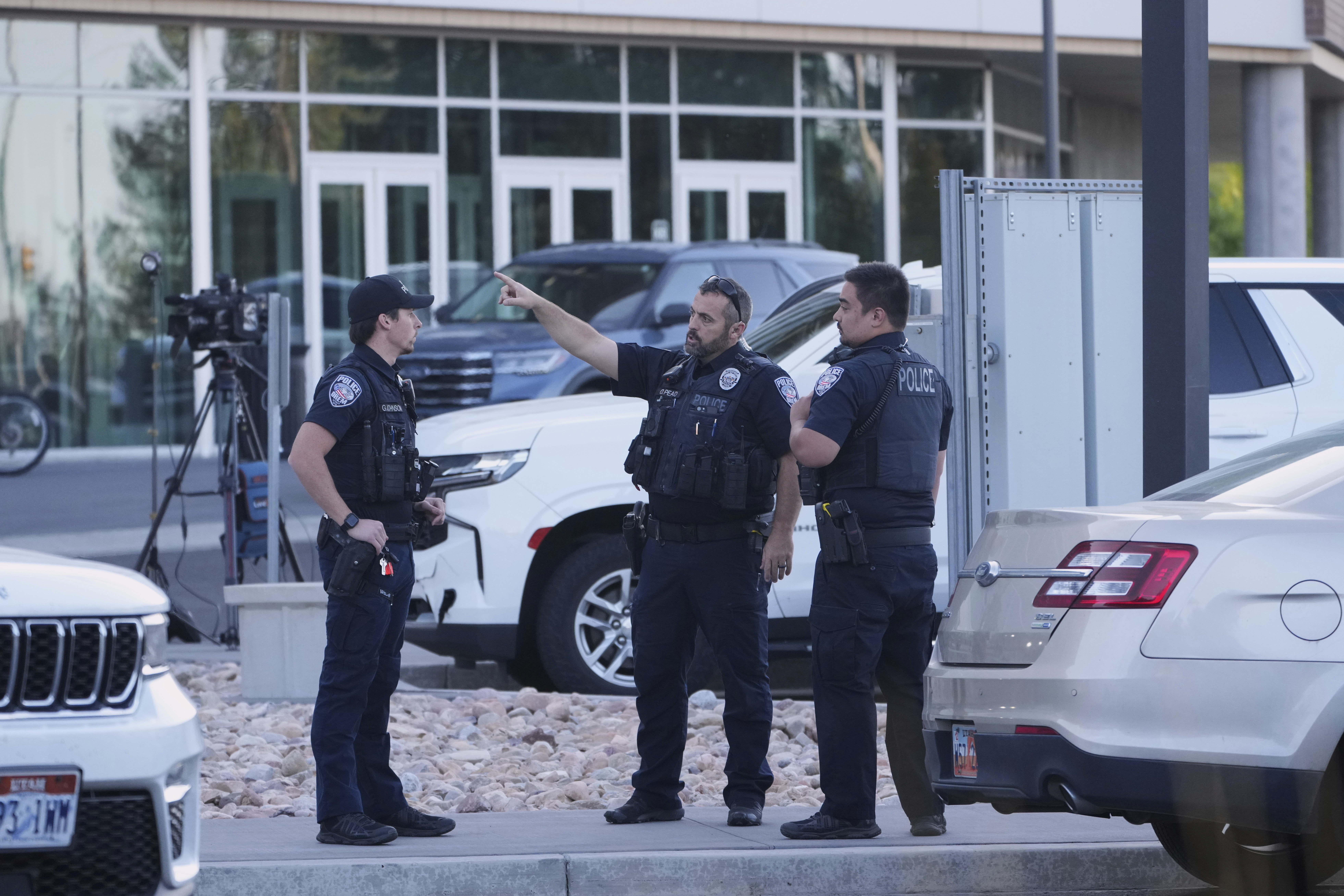 Orem police monitor the campus at Utah Valley University a day after Charlie Kirk was shot and killed, in Orem, Utah, Thursday,, Sept. 11, 2025. (Lindsey Wasson - AP)