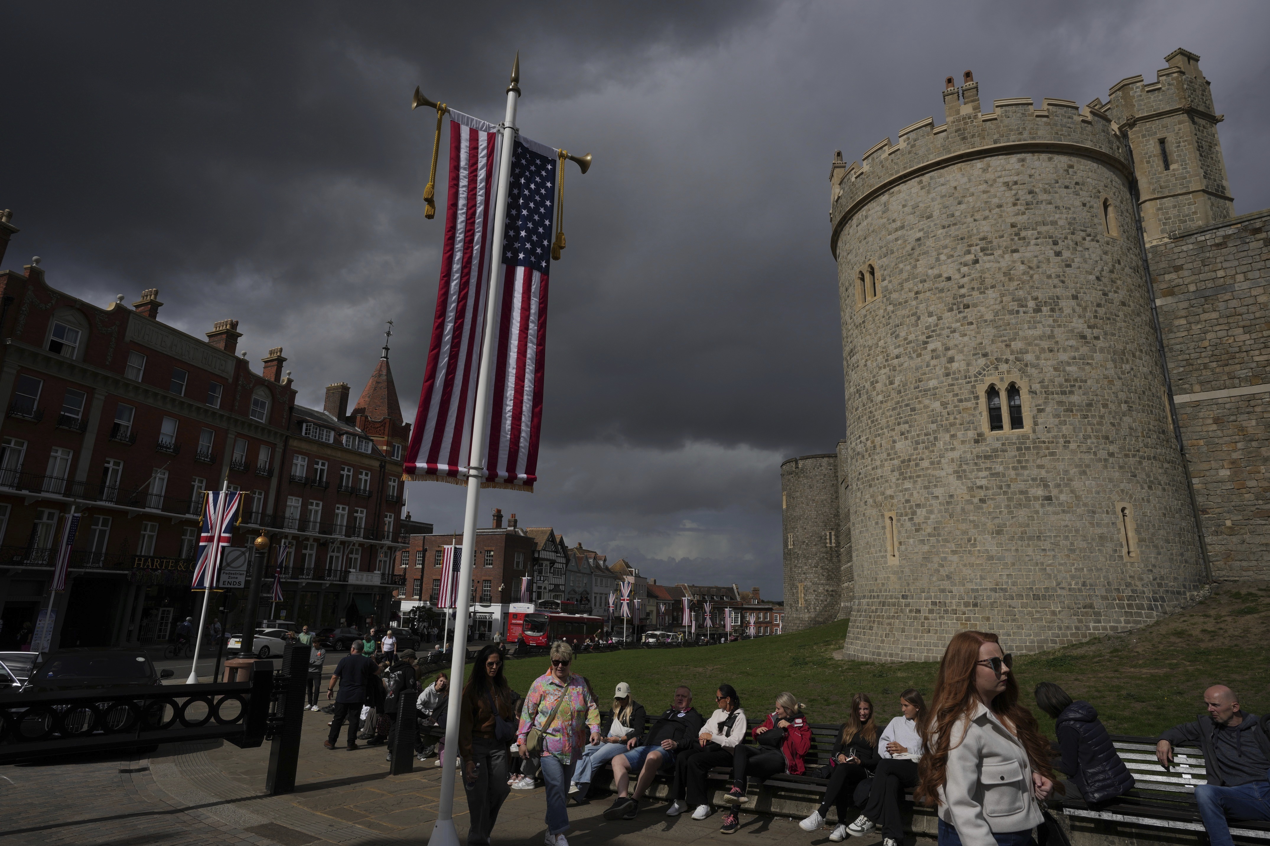 U.S. flag and Union flag are hanged outside the Windsor Castle ahead of the state visit by U.S. President Donald Trump next week in Windsor, England, Friday, Sept. 12, 2025. (Kin Cheung - AP)