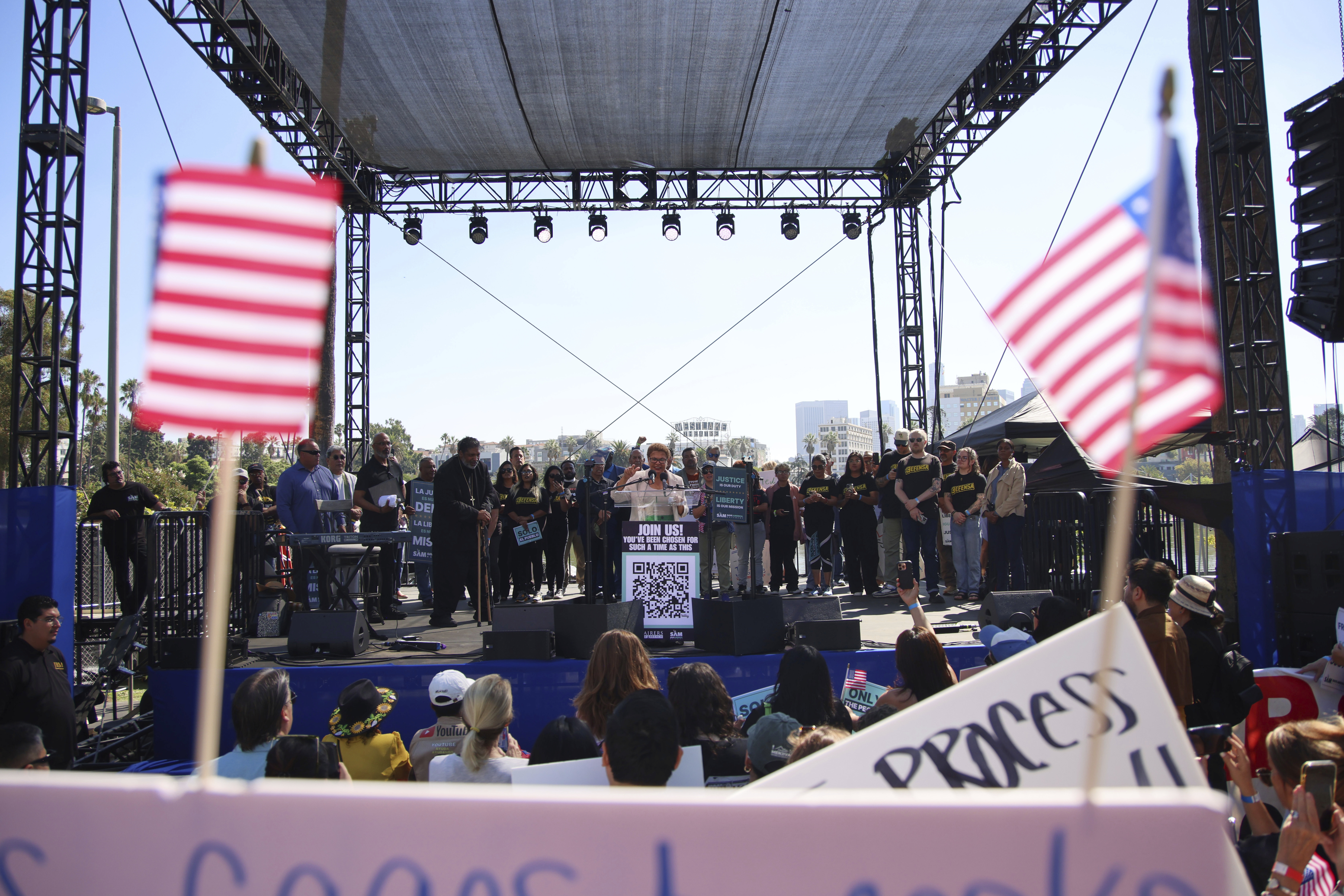 Mayor Karen Bass speaks during an immigration rally on Saturday, Sept. 20, 2025, in Los Angeles. (Ethan Swope - FR171736 AP)