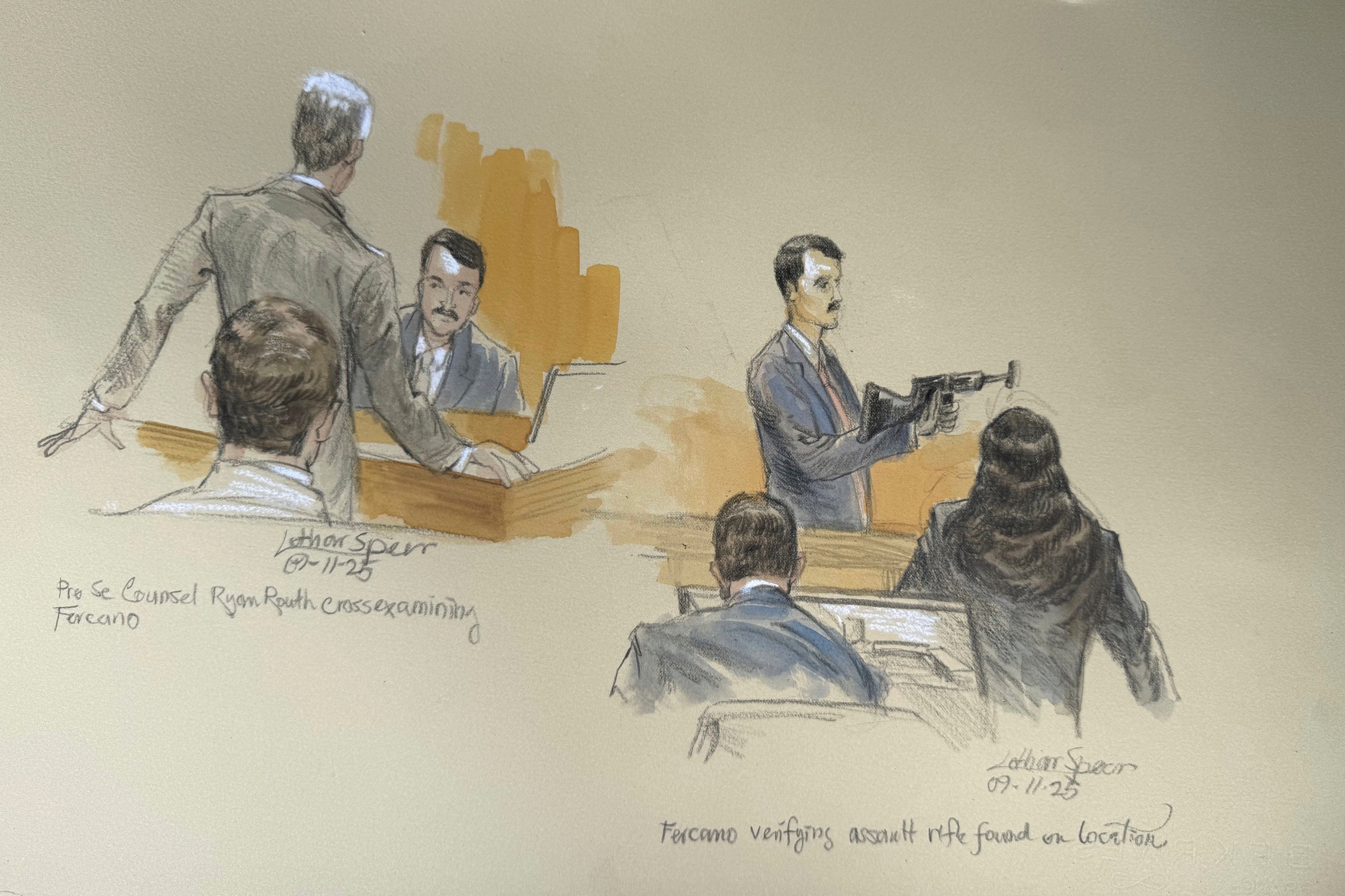 This courtroom sketch shows Secret Service agent Robert Fercano holding up the weapon found in the bushes during opening statements in the trial of Ryan Routh, who is charged with attempting to assassinate Donald Trump last year at a golf course in South Florida, Thursday, Sept. 11, 2025, in Fort Pierce, Fla. (Lothar Speer - FRE172289)
