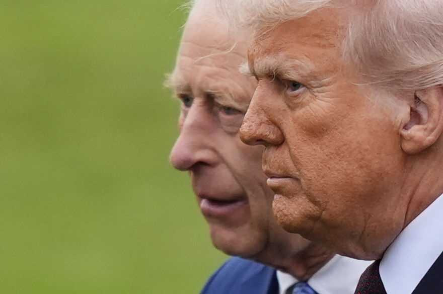 King Charles III, left, and President Donald Trump, left, during a Beating Retreat ceremony at Windsor Castle, England, Wednesday, Sept. 17, 2025. (Jordan Pettitt - Pool PA)