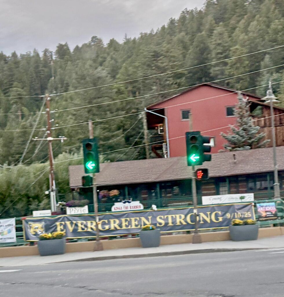 An ‘Evergreen Strong’ banner now greets on Highway 74 in the wake of the Evergreen High School shootings. JOHN MOORE/DENVER GAZETTE