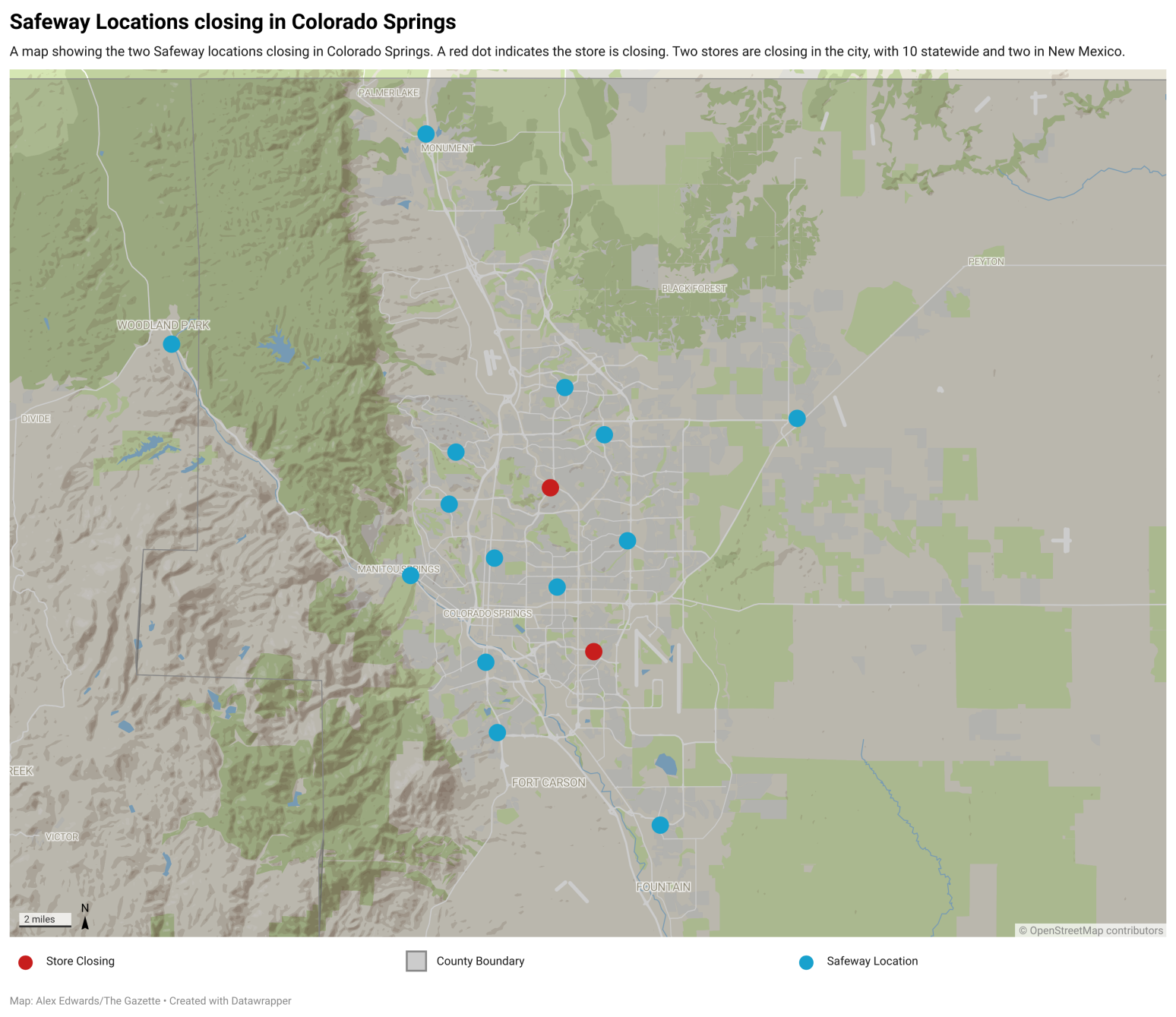 A map created in Datawrapper of Colorado Springs Safeway locations. The red dots indicate the two locations that are closing: 5060 N. Academy Blvd. and 1425 S. Murray Blvd. (Alex Edwards/The Gazette) (AlexanderEdwardsBusiness Reporteralex.edwards@gazette.comhttps://secure.gravatar.com/avatar/dbaa50cc8a9183e280c297e3afa72ace?d=mm&r=g)