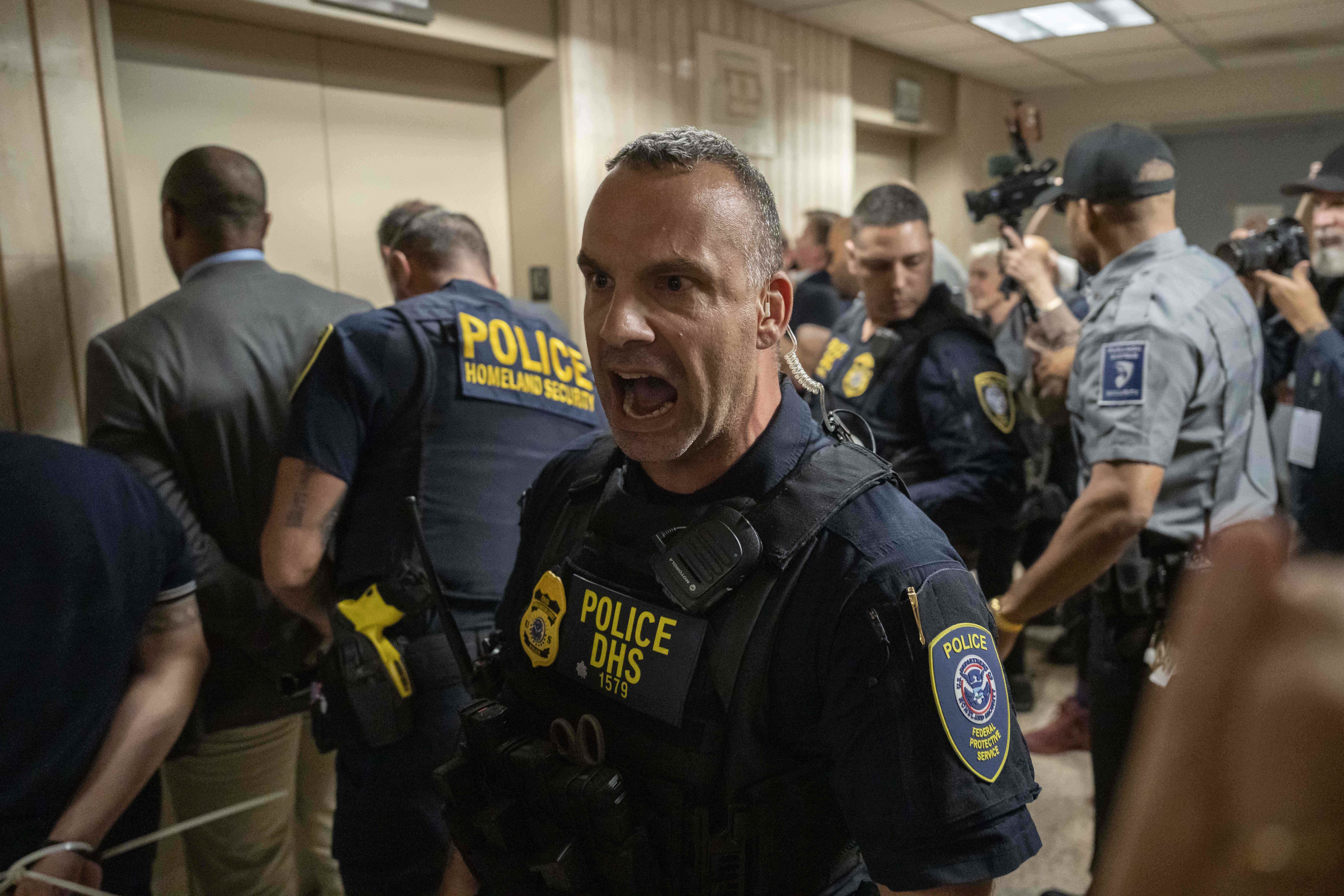 Federal agents detain elected officials after they demanded access to the inspect the detainment facility at immigration court at the Jacob K. Javits federal building, Thursday, Sept. 18, 2025, in New York. (Yuki Iwamura - AP)