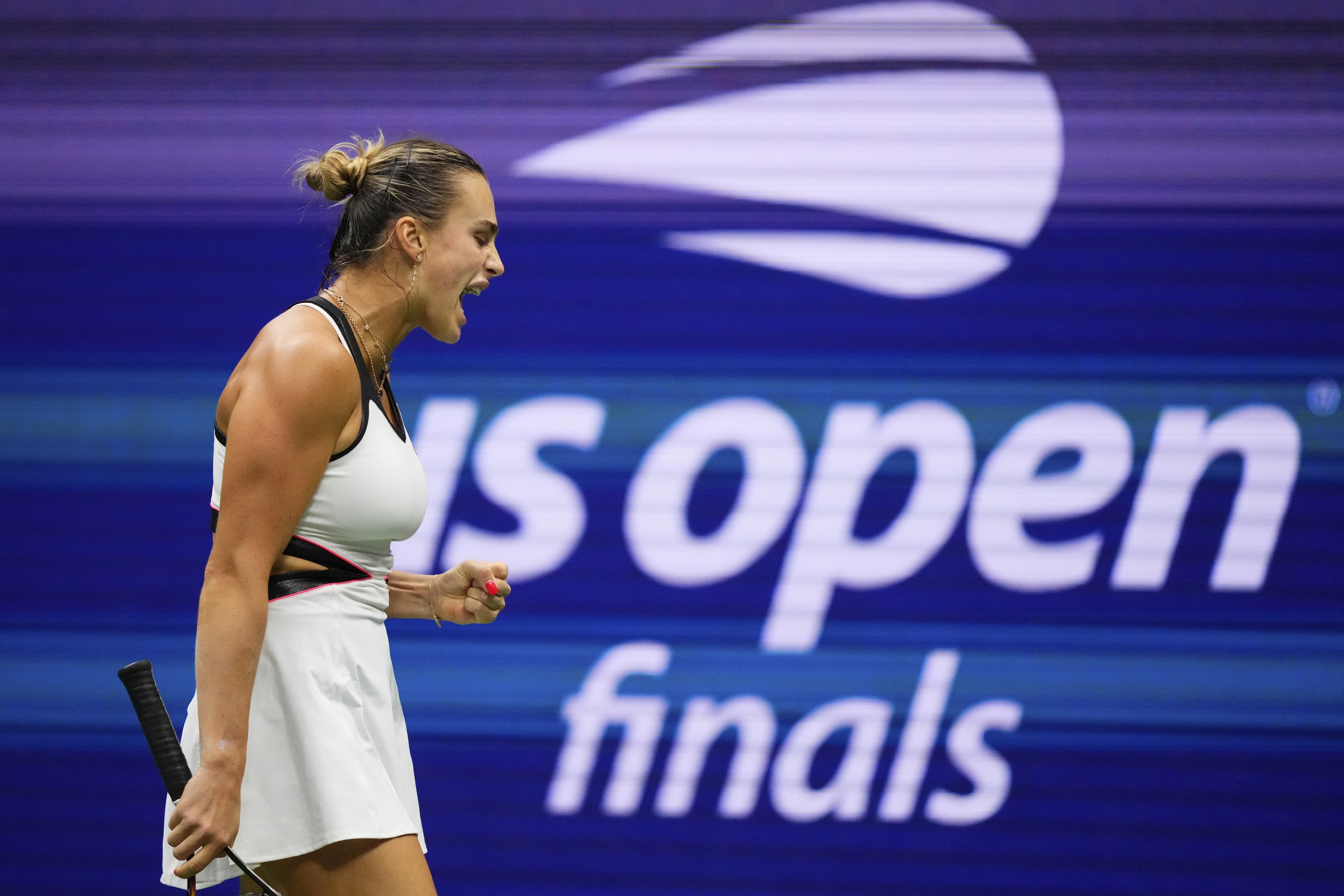 Aryna Sabalenka, of Belarus, reacts after a point against Amanda Anisimova, of the United States, during the women's finals of the U.S. Open tennis championships, Saturday, Sept. 6, 2025, in New York. (Yuki Iwamura - AP)