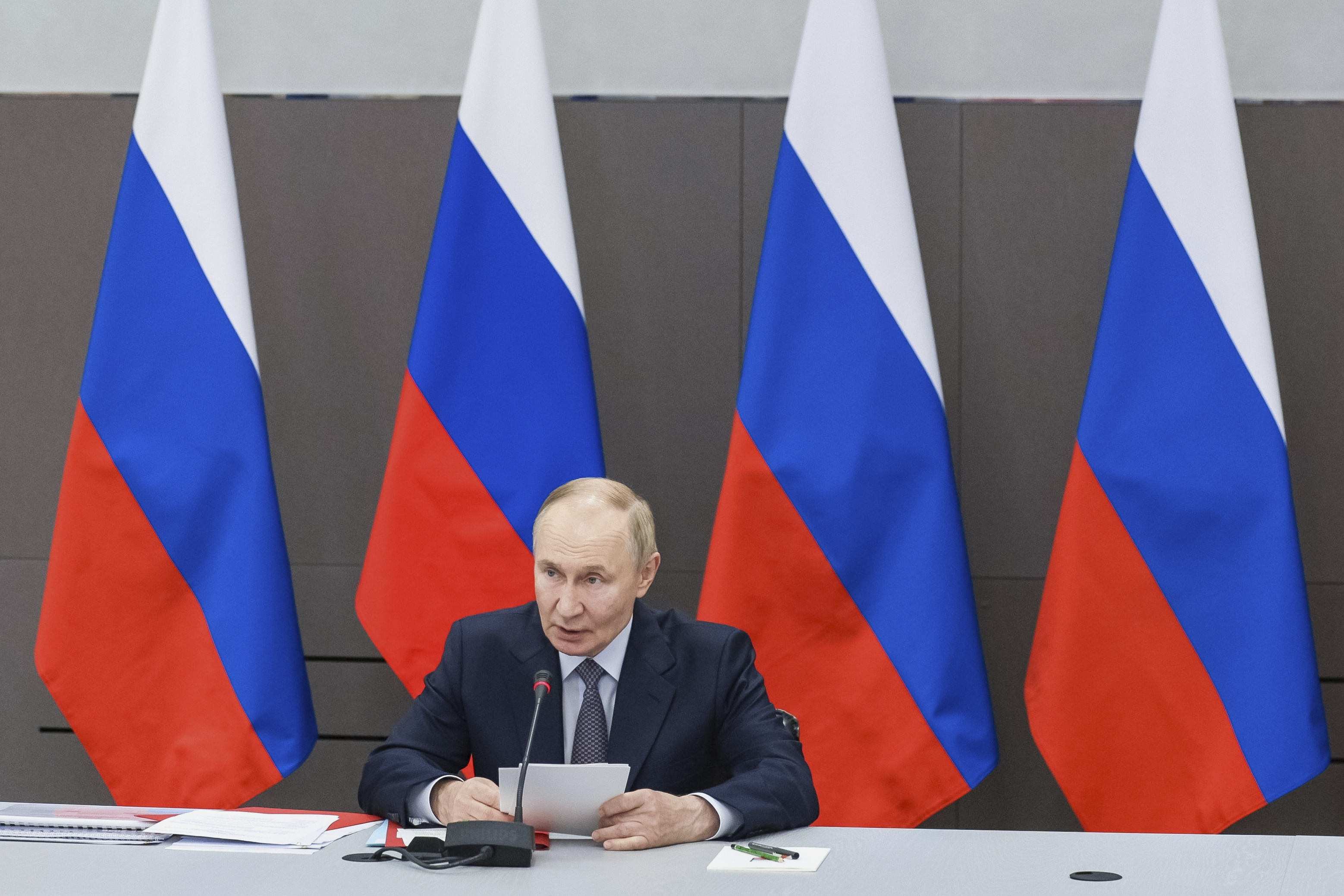 Russian President Vladimir Putin chairs a meeting of the Military-Industrial Commission in Perm, Russia, Friday, Sept. 19, 2025. (Gavriil Grigorov - Pool Sputnik Kremlin)