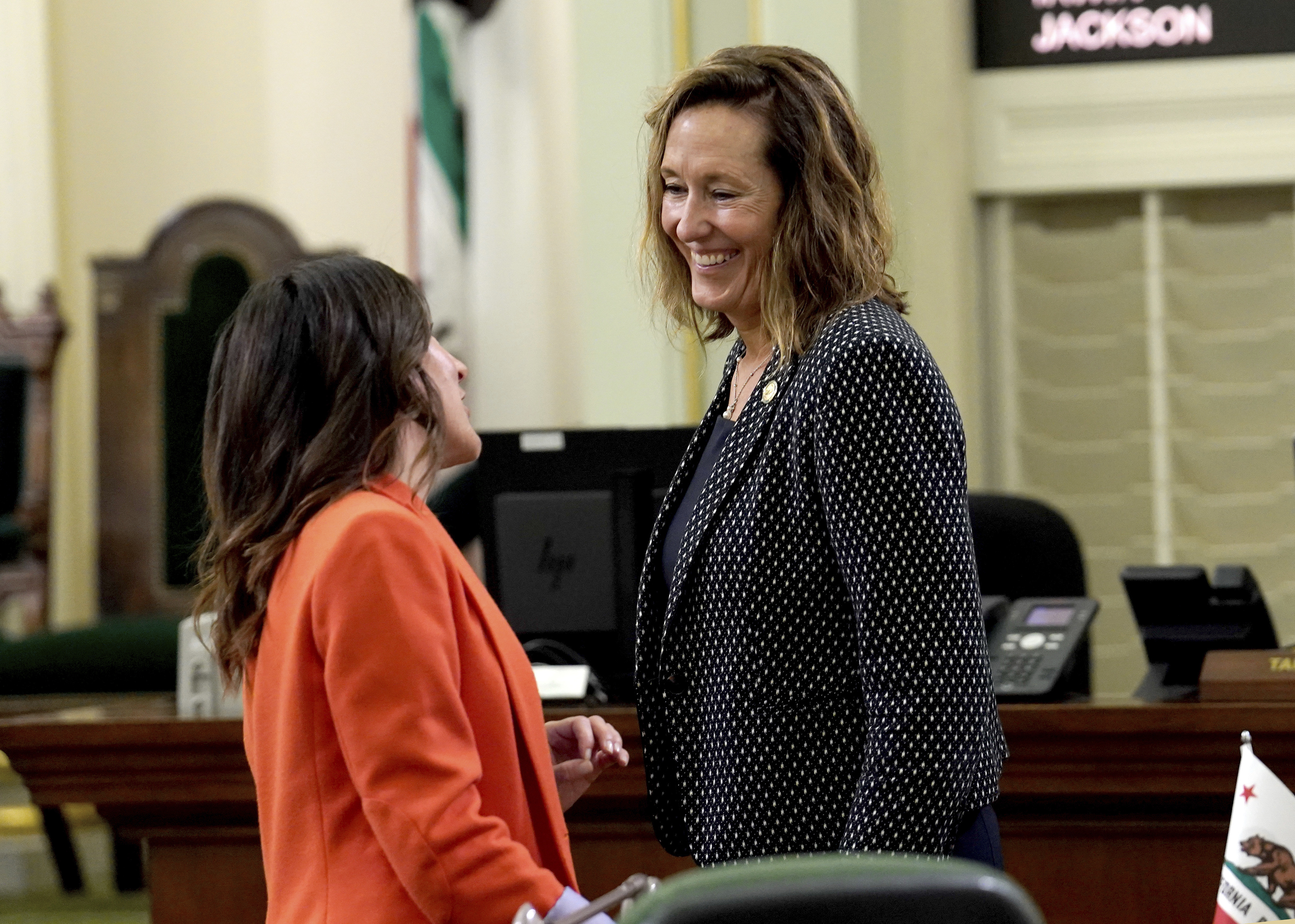 Democratic Assemblymembers Cottie Petrie-Norris, and Jacqui Irwin confer at the Capitol, in Sacramento, Calif. Thursday, Sept. 11, 2025. (Rich Pedroncelli - FR171957 AP)