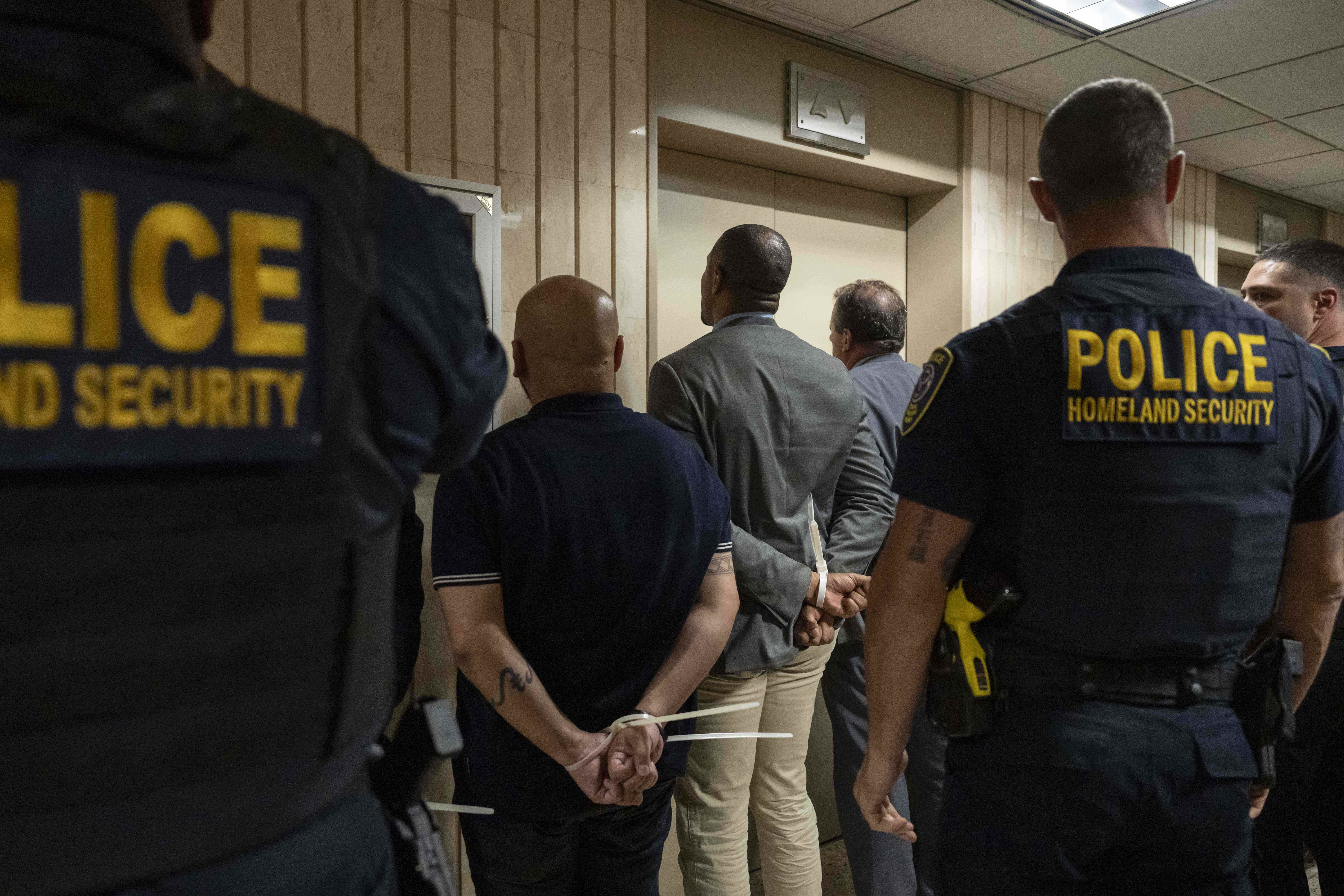 Federal agents detain the elected officials after they demand access to inspect the detainment facility at immigration court at the Jacob K. Javits federal building, Thursday, Sept. 18, 2025, in New York. (Yuki Iwamura - AP)