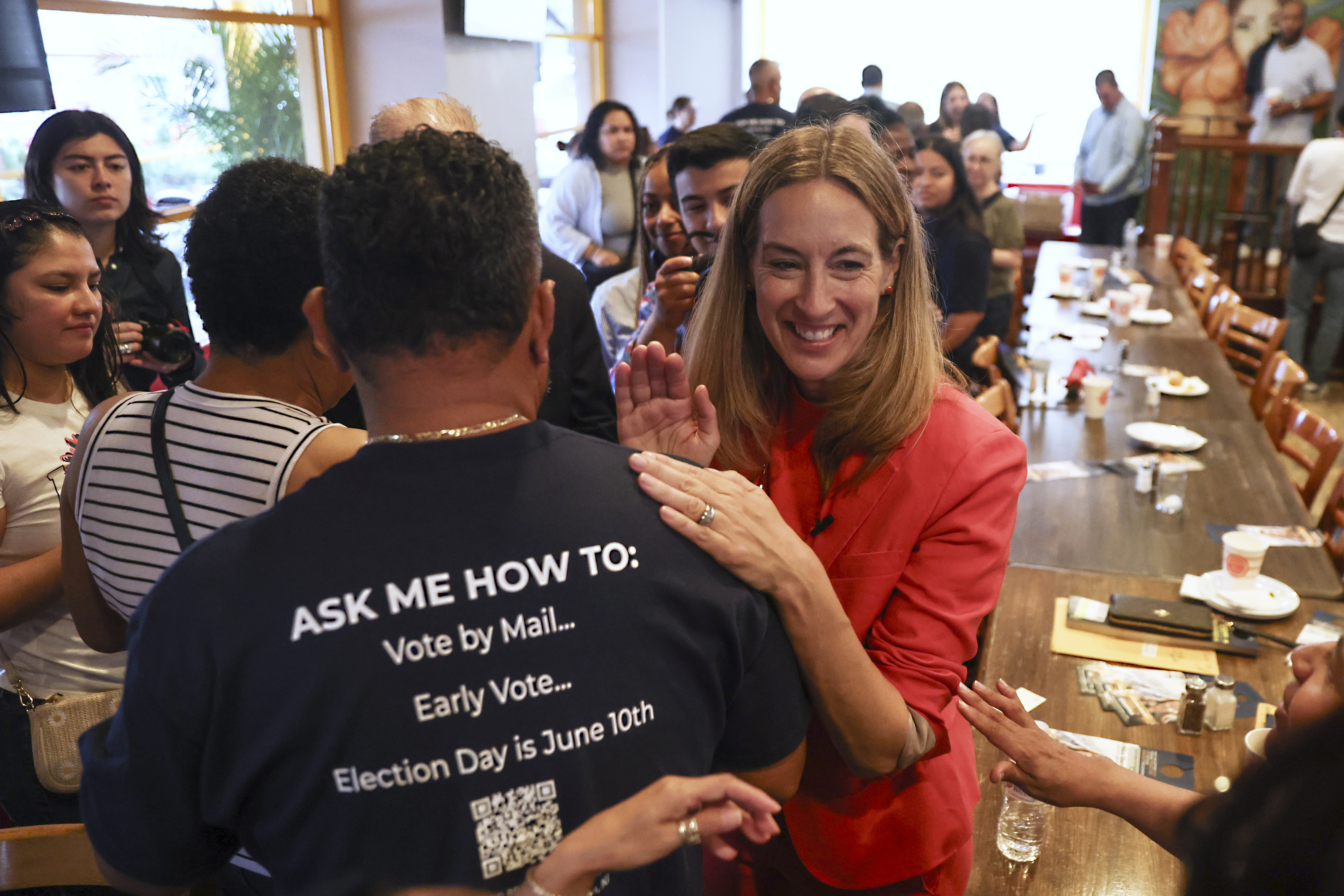 FILE - Rep. Mikie Sherrill, D-N.J., greets people during a 