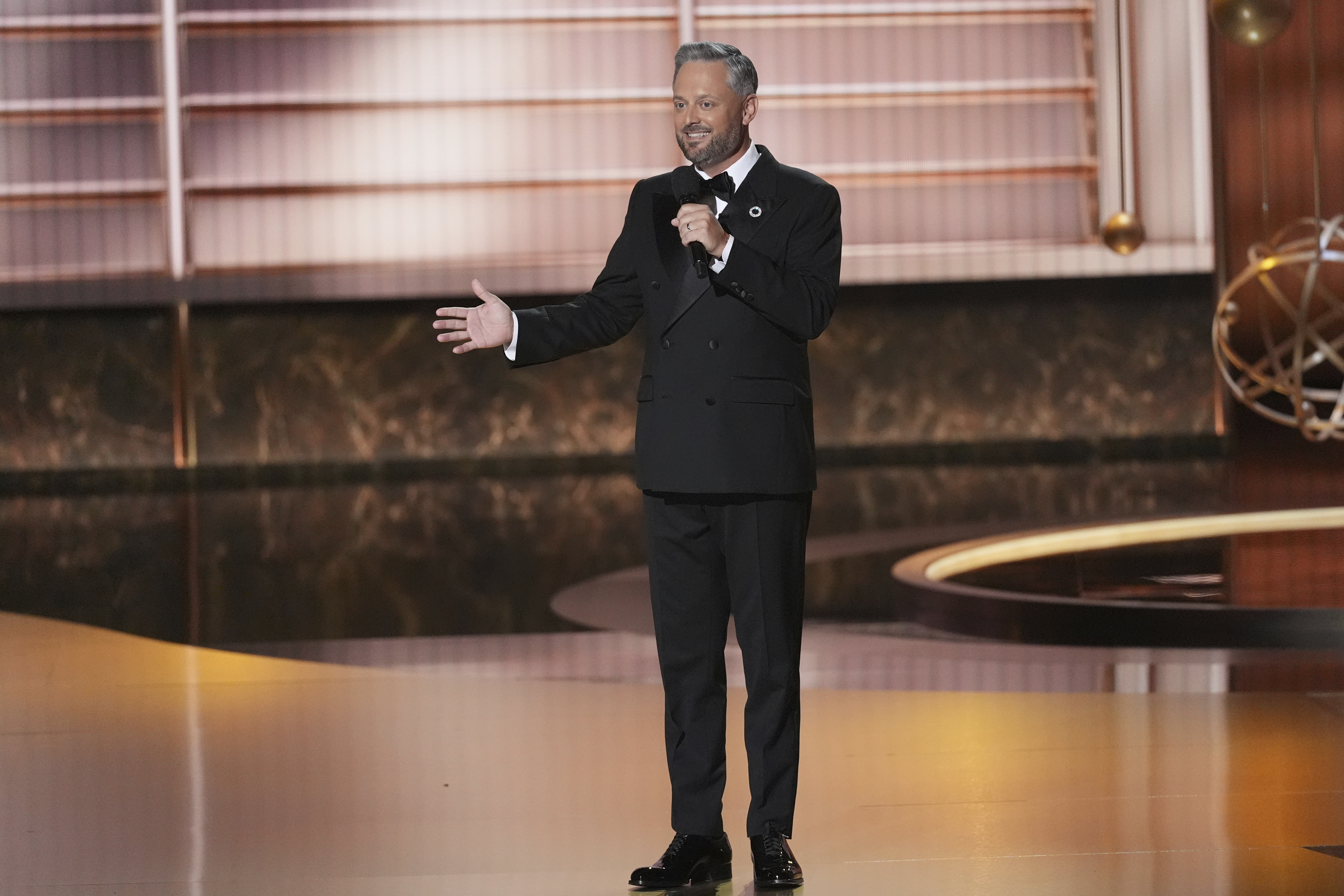 Host Nate Bargatze speaks during the 77th Primetime Emmy Awards on Sunday, Sept. 14, 2025, at the Peacock Theater in Los Angeles. (Chris Pizzello - Invision)