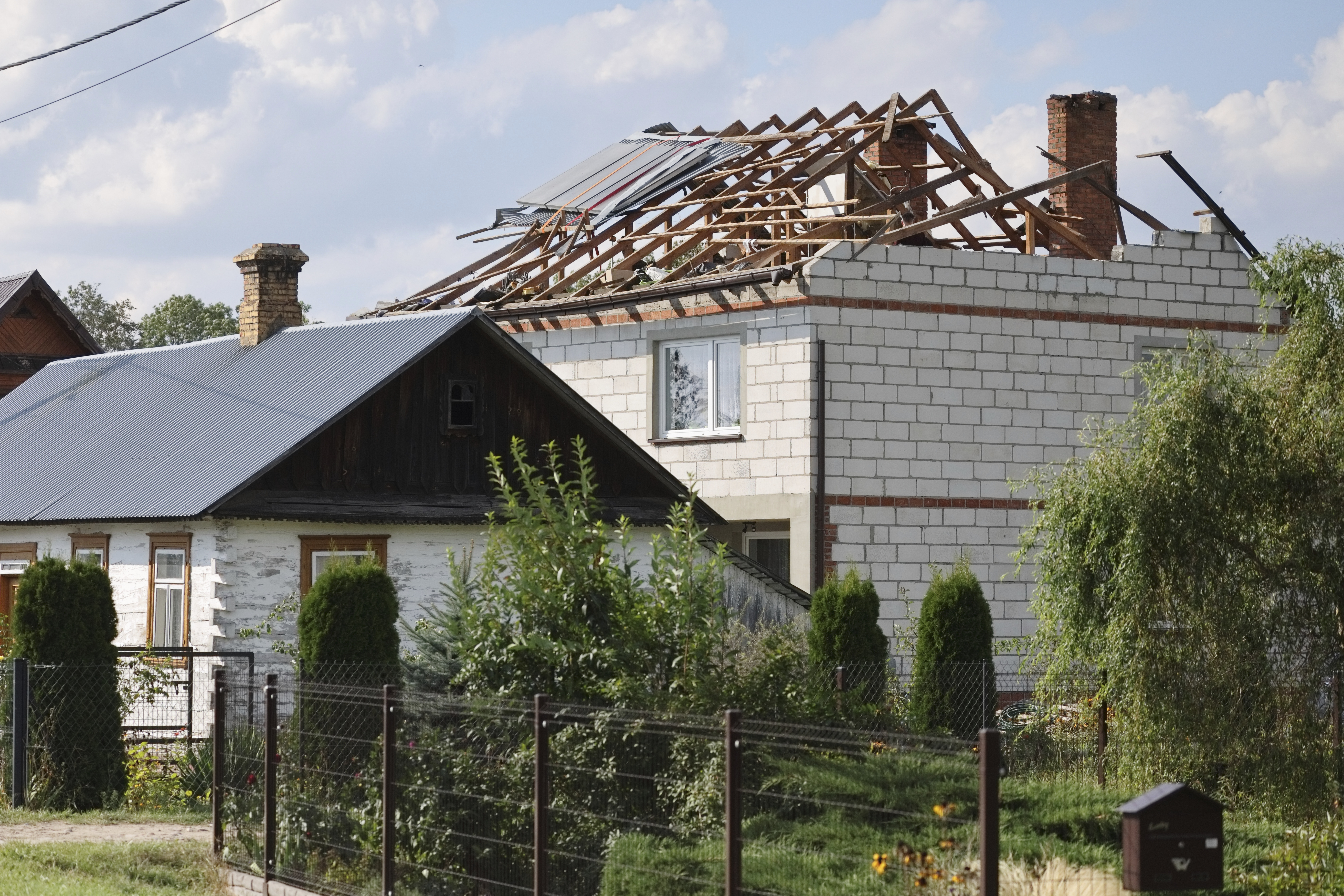 A destroyed roof of a house, after Russian drones violated Polish airspace during an attack on Ukraine, in Wyryki near Lublin, Poland, Wednesday, Sept. 10, 2025. (STR - AP)