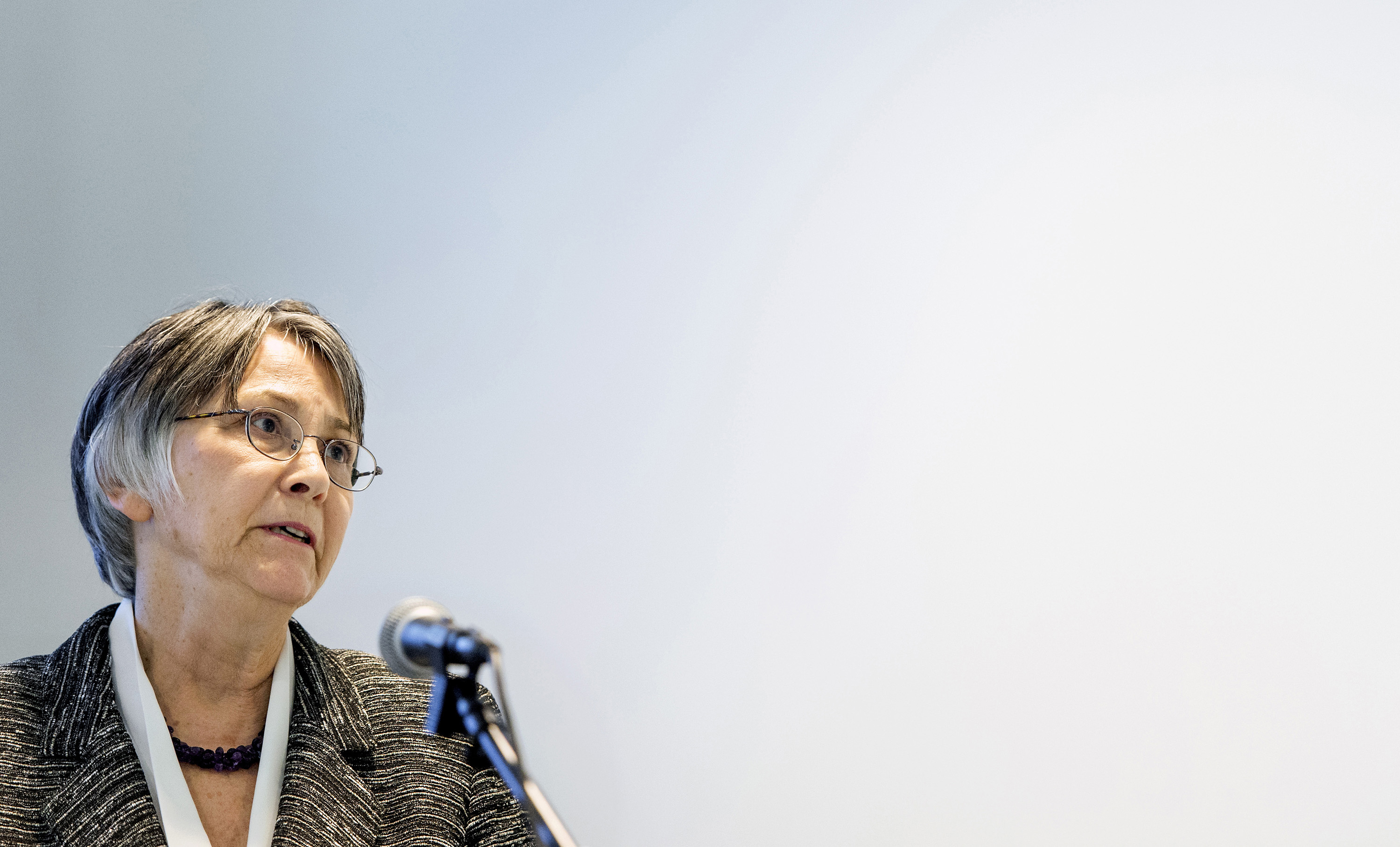 FILE - Chief Prosecutor Brenda Hollis speaks to the media in Leidschendam, near The Hague, Netherlands, Sept. 26, 2013. (Koen van Weel - POOL ANP)