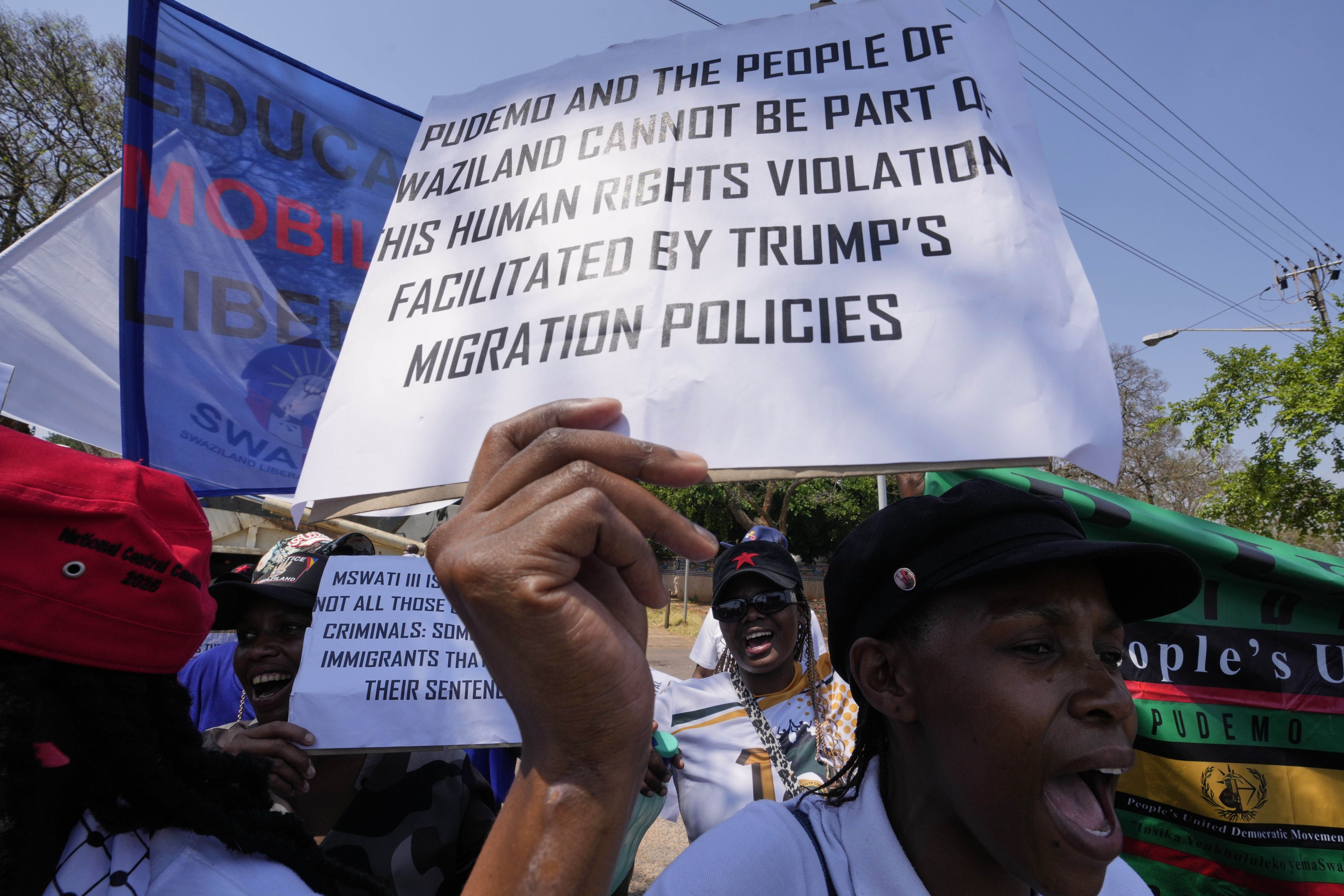 Pro-democracy activists protest outside the U.S. embassy in Pretoria, South Africa, Friday, Sept. 19, 2025. (Themba Hadebe - AP)