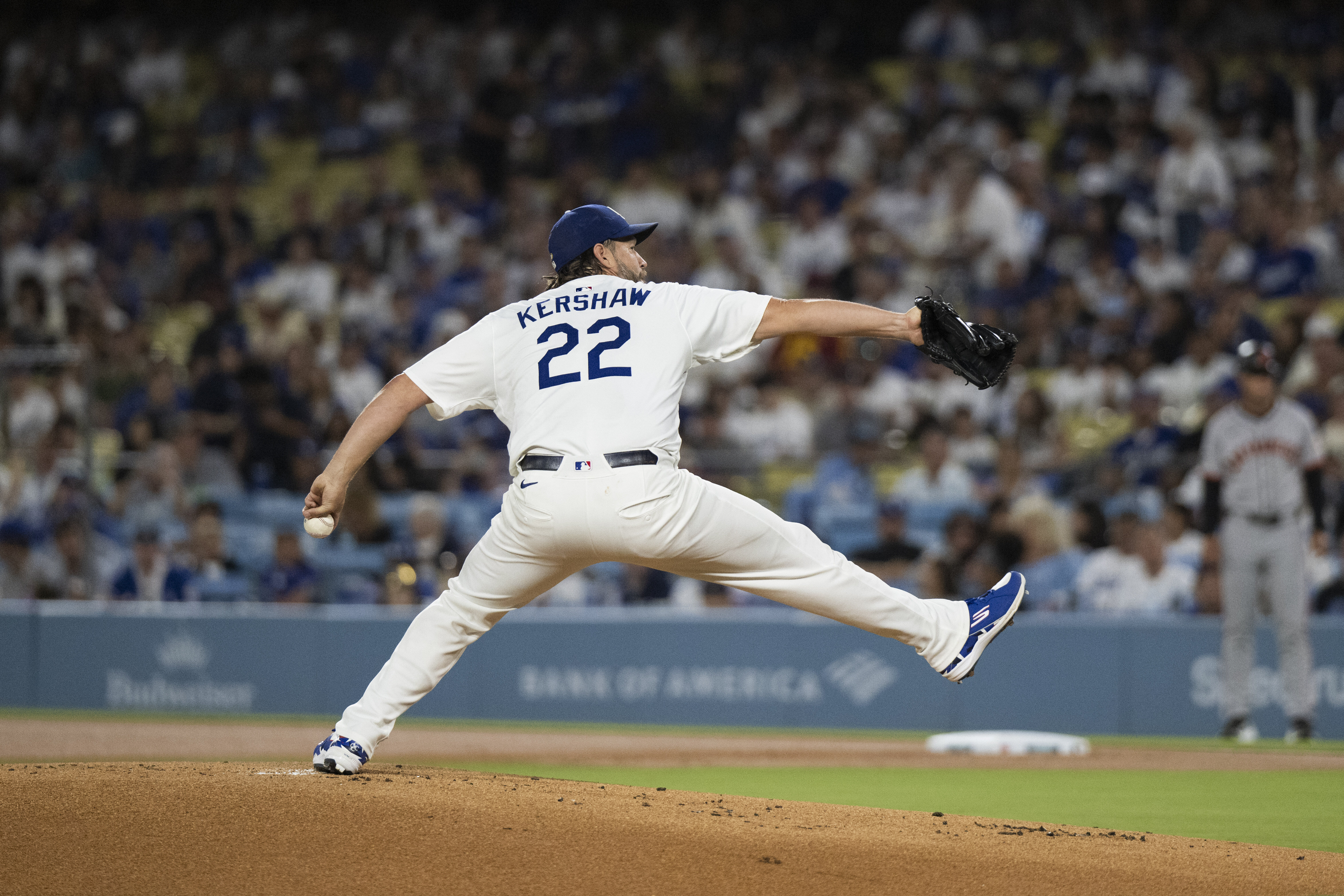 Los Angeles Dodgers starting pitcher Clayton Kershaw delivers during the first inning of a baseball game against the San Francisco Giants, in Los Angeles, Friday, Sept. 19, 2025. (Kyusung Gong - FR171561 AP)