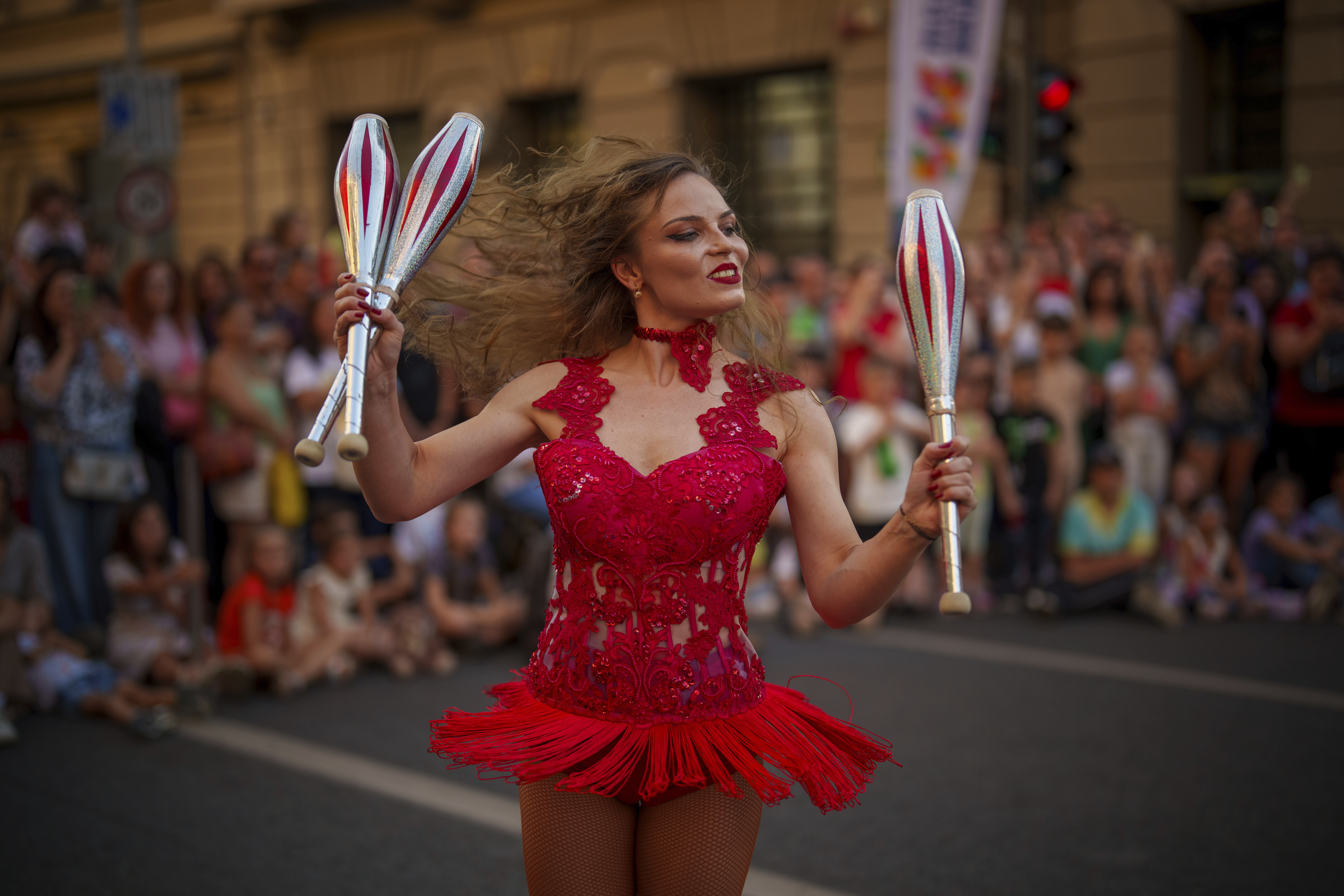 An artist of the Bucharest Metropolitan Circus perform during an event marking the day when the Romanian capital was first mentioned in historical records, 566 years ago, in Bucharest, Romania, Saturday, Sept. 20, 2025. (Vadim Ghirda - AP)