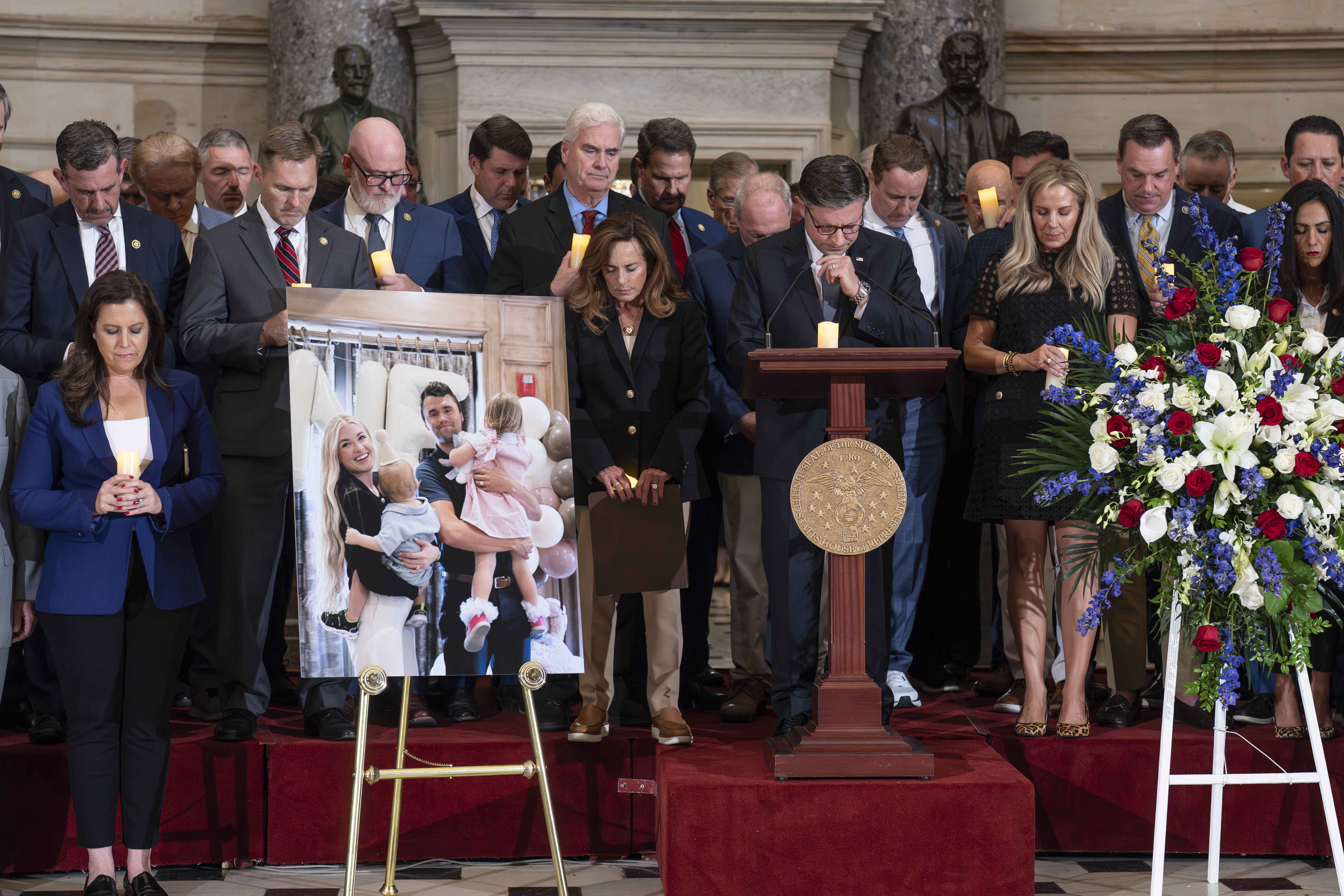 Speaker of the House Mike Johnson, R-La., leads a memorial vigil to honor conservative activist Charlie Kirk who was shot and killed at an event in Utah last week, at the Capitol in Washington, Monday, Sept. 15, 2025. (J. Scott Applewhite - AP)
