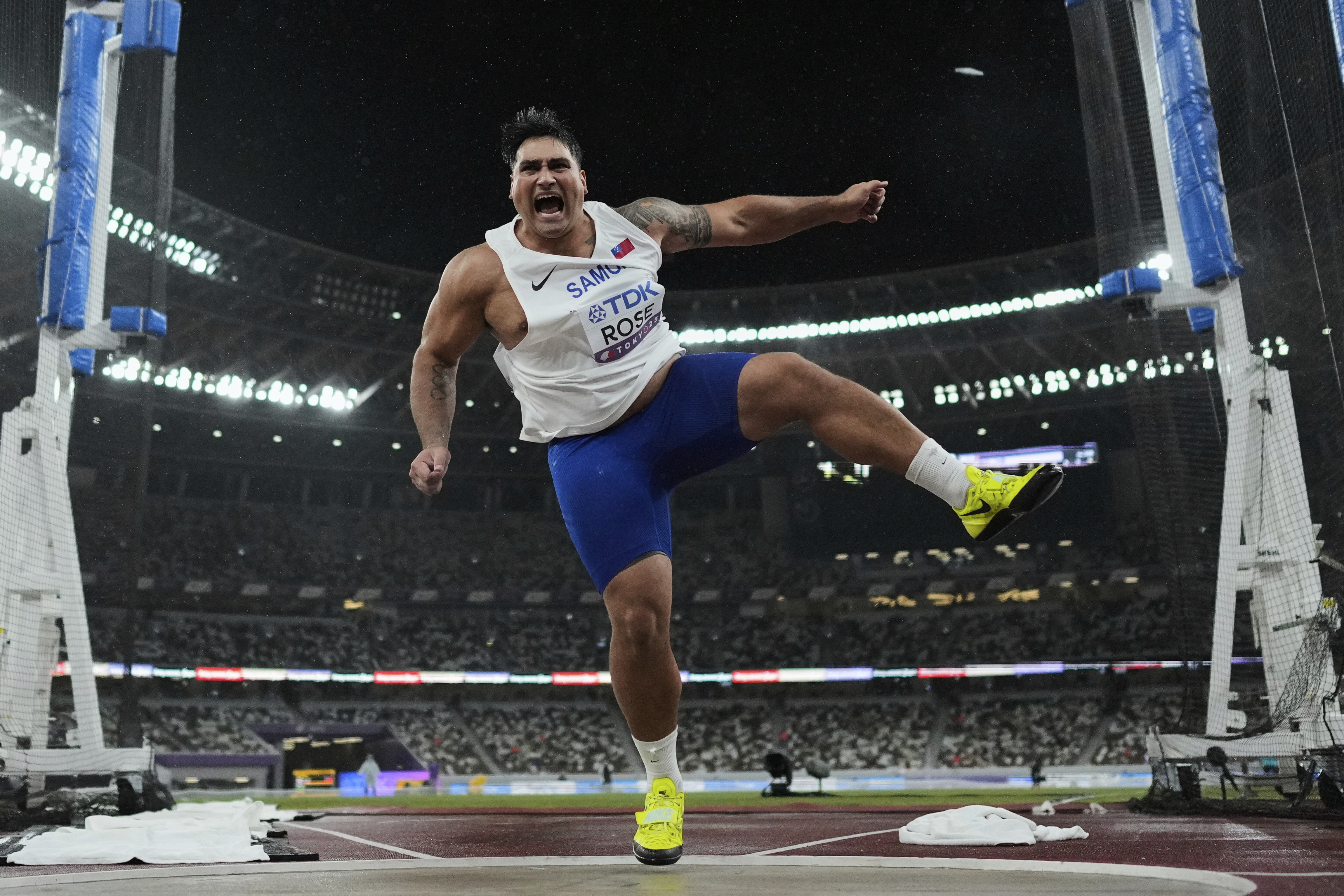 Samoa's Alex Rose competes during the men's discus throw final at the World Athletics Championships in Tokyo, Sunday, Sept. 21, 2025. (Bernat Armangue - AP)