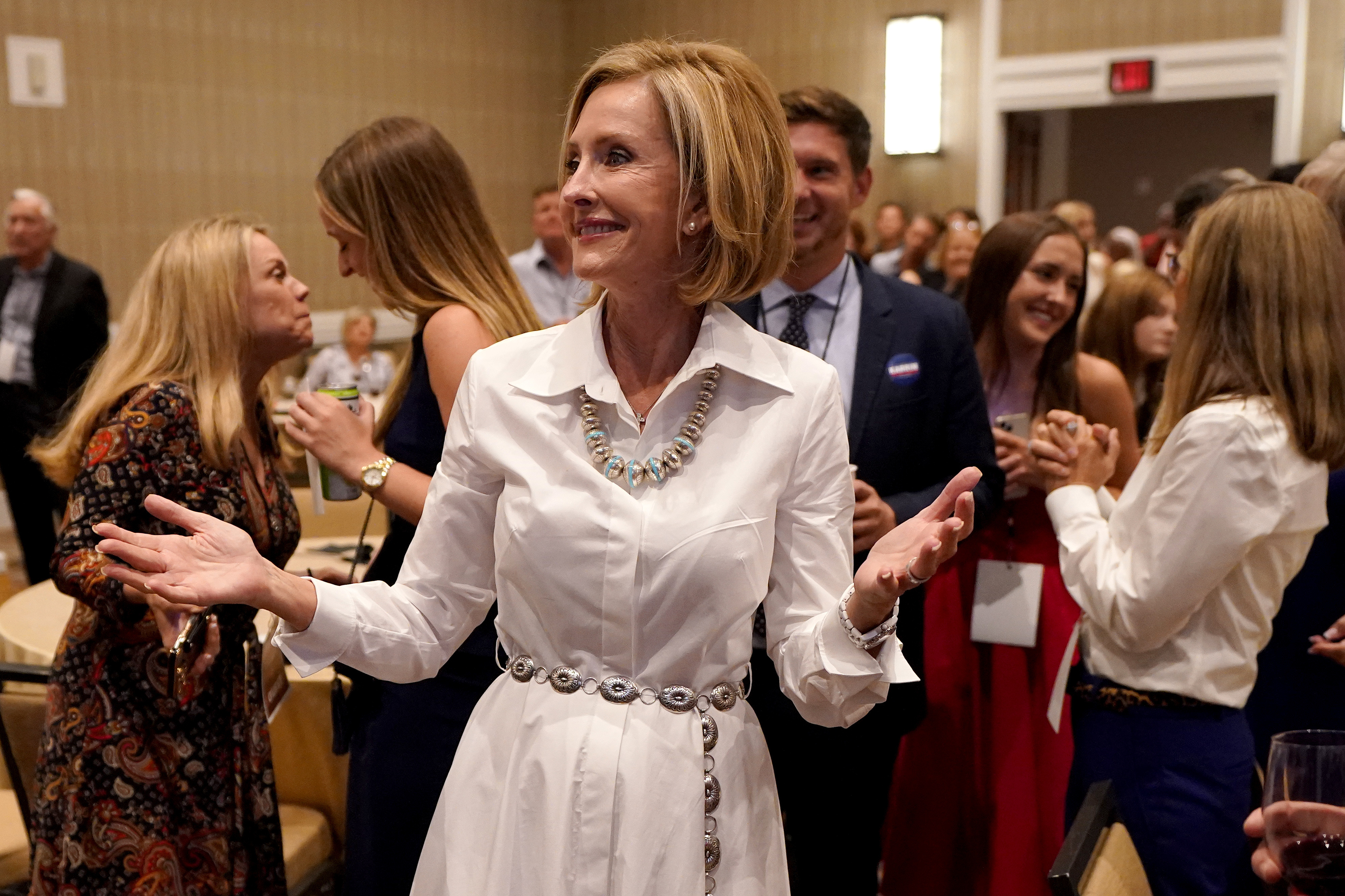 FILE - Republican Arizona Gubernatorial candidate Karrin Taylor Robson greets supporters at a campaign party, Aug. 2, 2022, in Phoenix. (Matt York - AP)