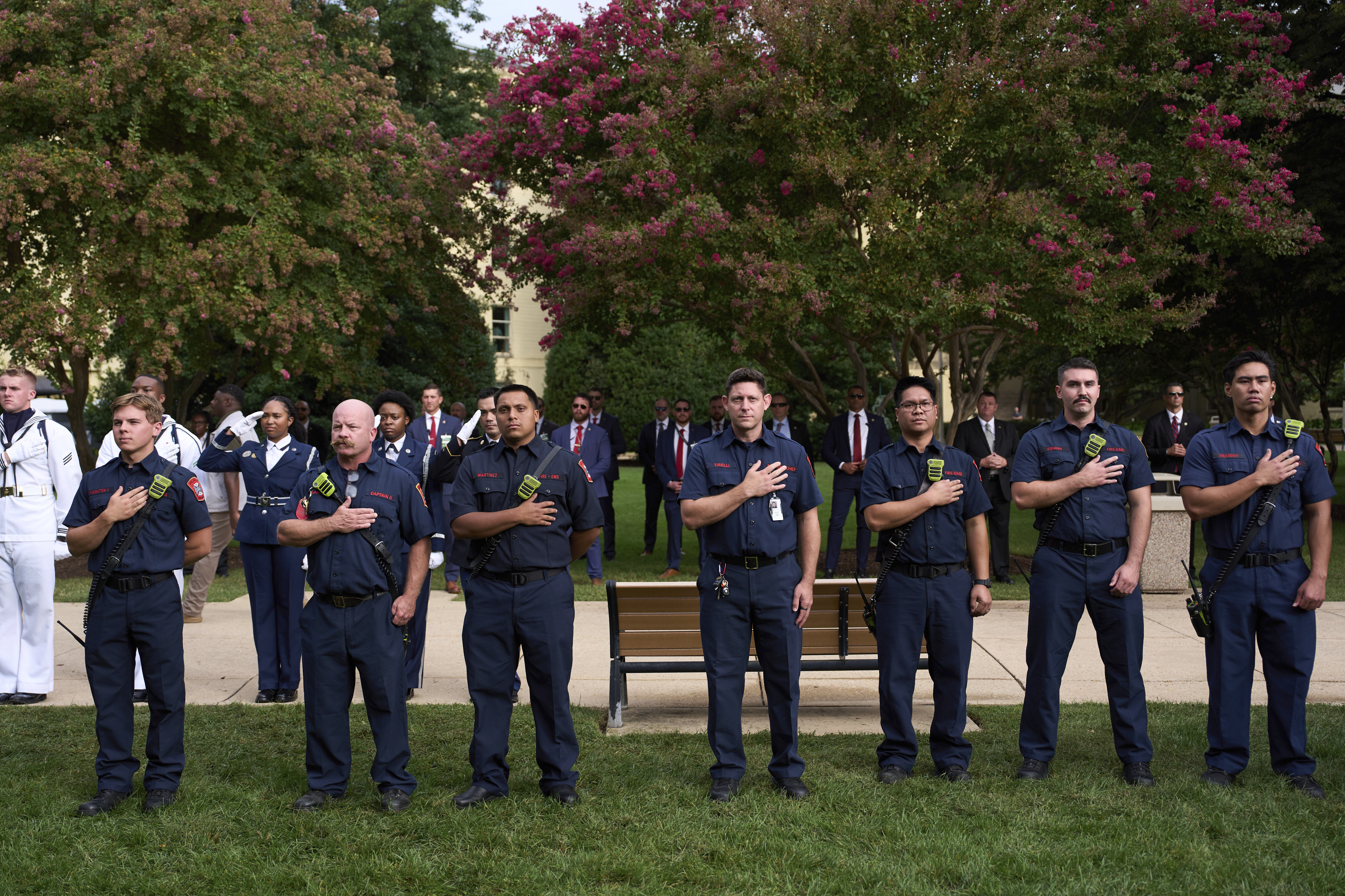First responders and military personnel stands for the National Anthem during a ceremony to commemorate the 24th anniversary of the 9/11 attacks, Thursday, Sept. 11, 2025, at the Pentagon in Washington. (Evan Vucci - AP)