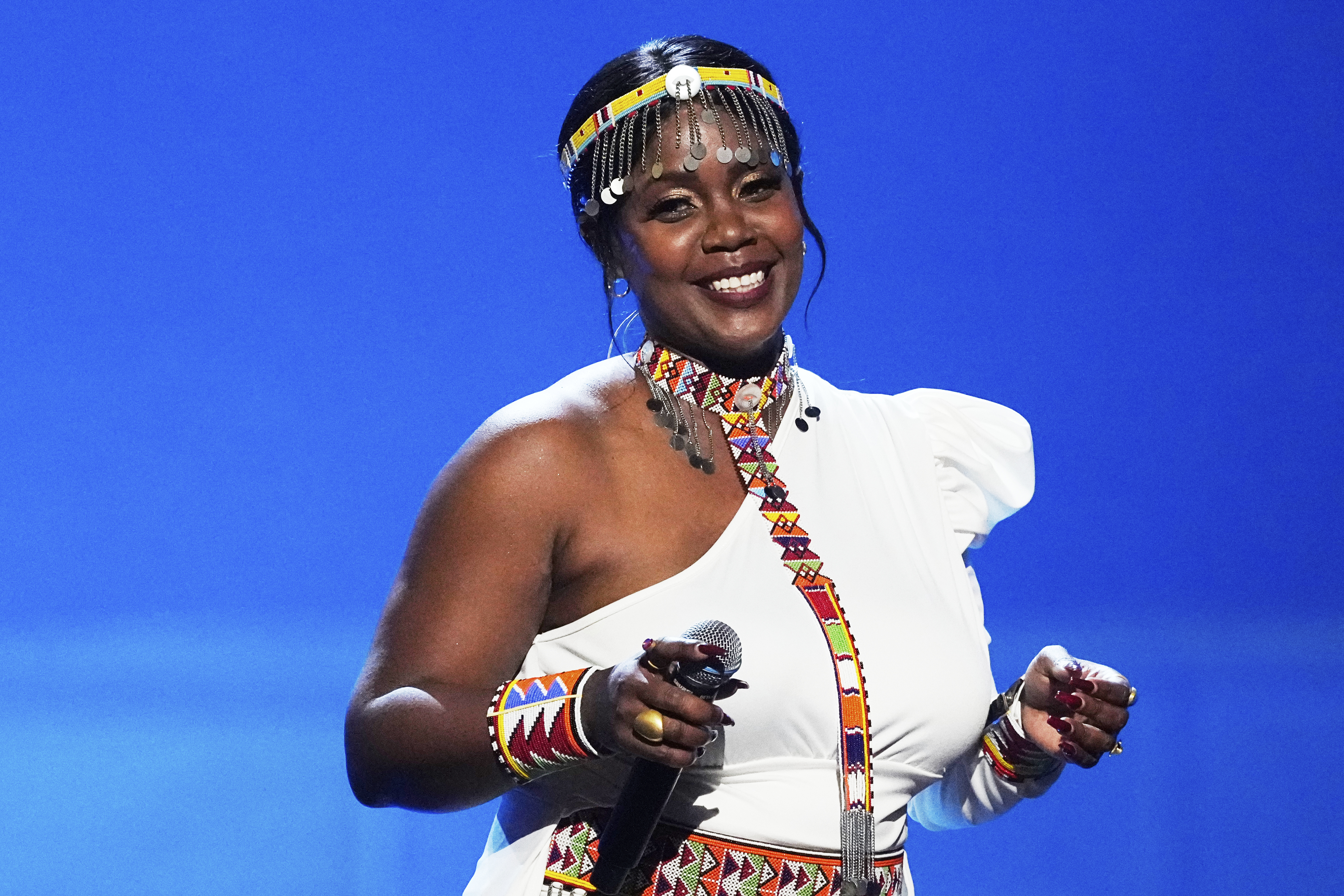 Kenya's Sanaipei Tande performs the song 