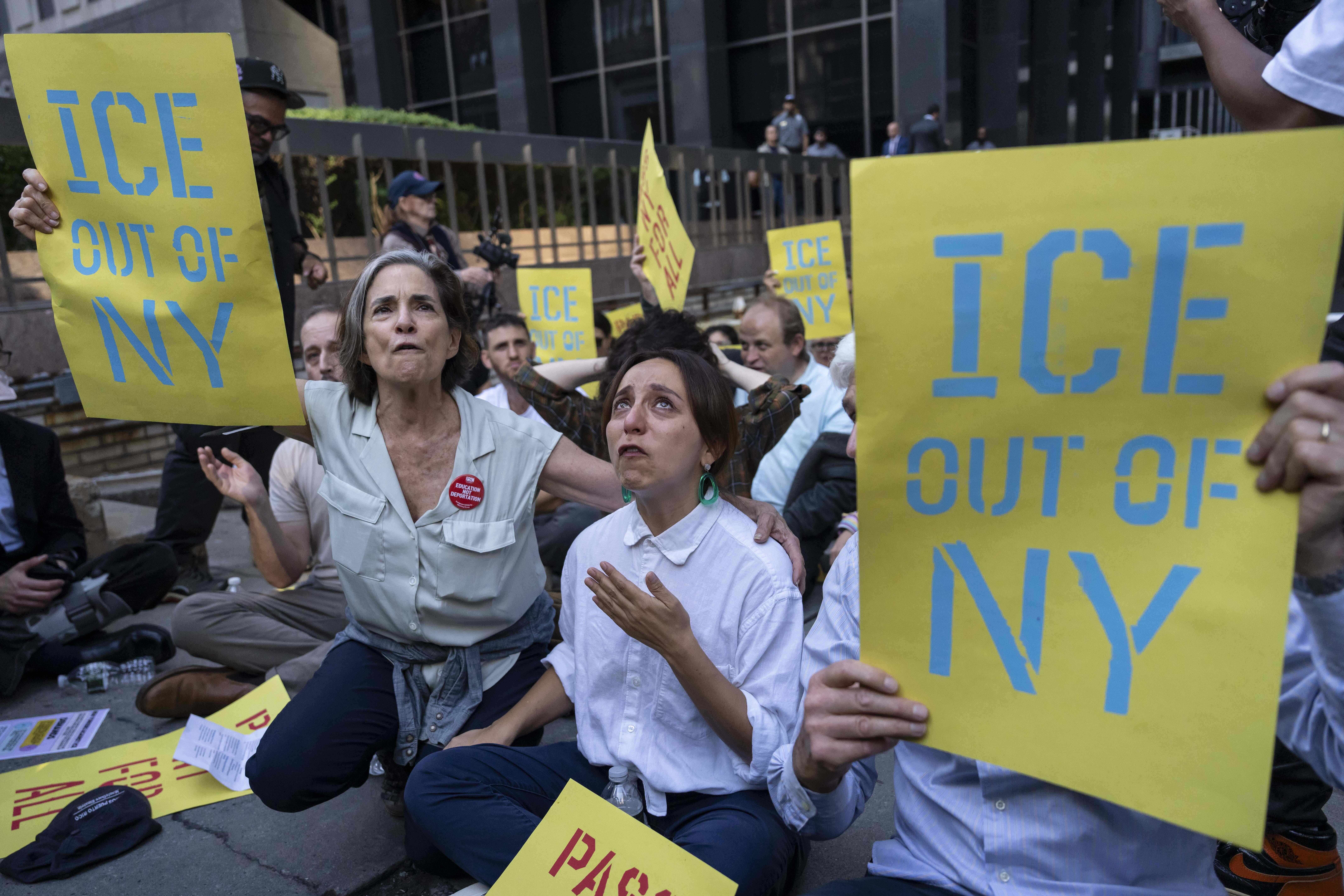 Demonstrators chant during a protest against Immigration and Customs Enforcement (ICE) outside the Jacob K. Javits federal building, Thursday, Sept. 18, 2025, in New York. (Yuki Iwamura - AP)