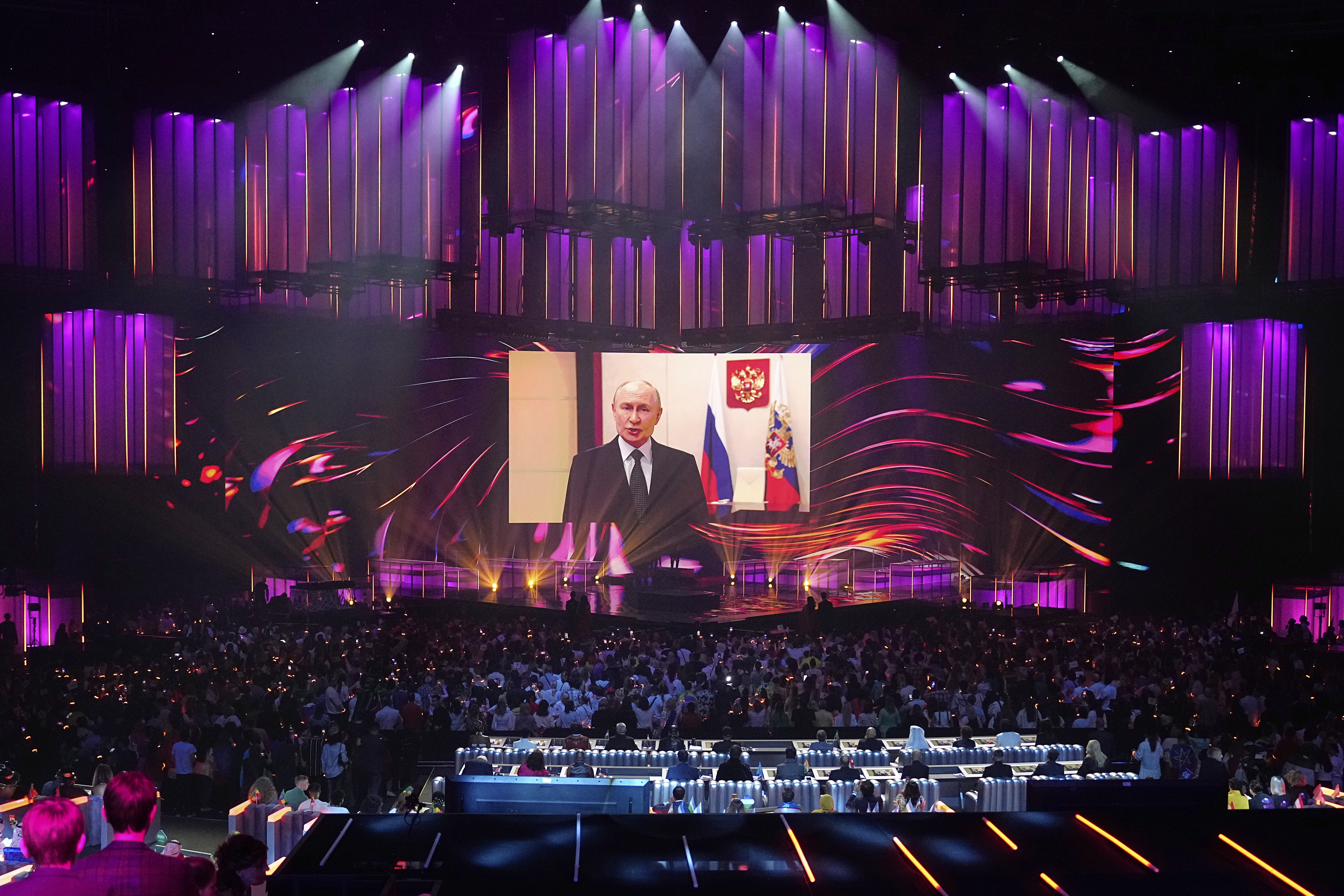 Russian President Vladimir Putin addresses participants and spectators of the International Music Competition 