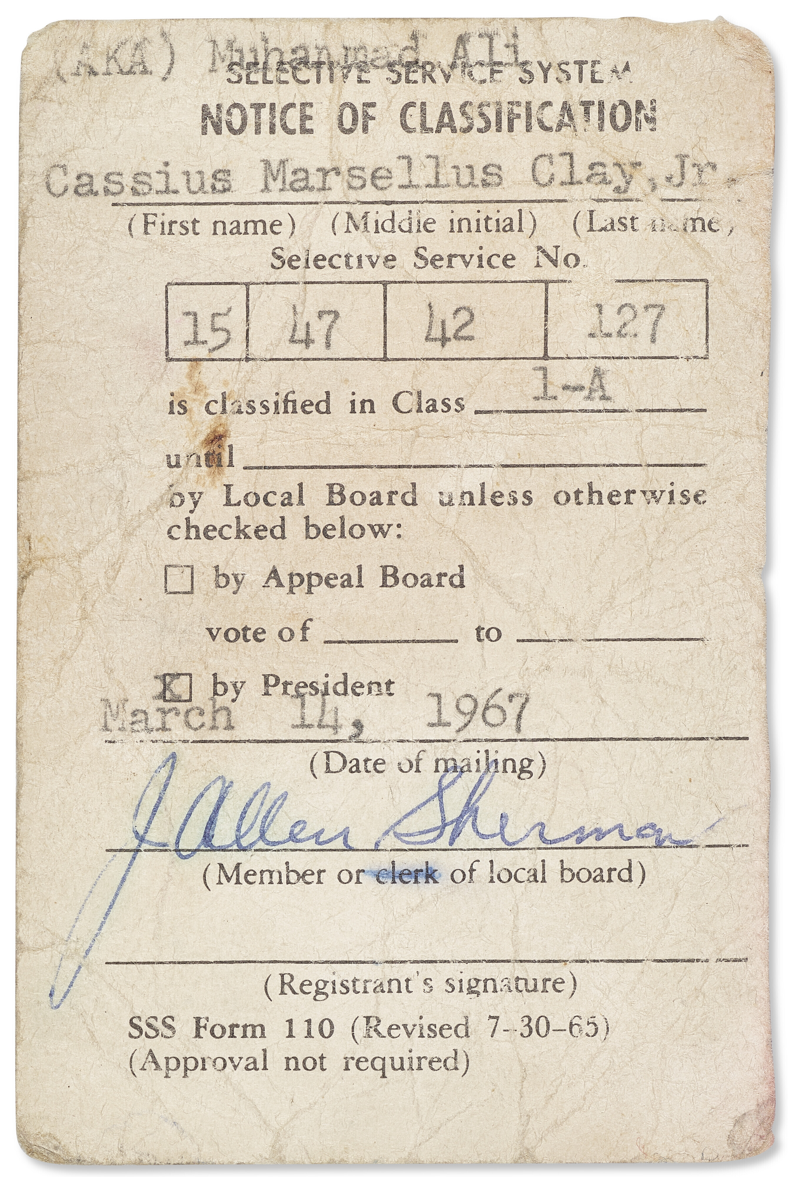 Muhammad Ali’s unsigned draft card, a piece of Vietnam-era history, will be auctioned