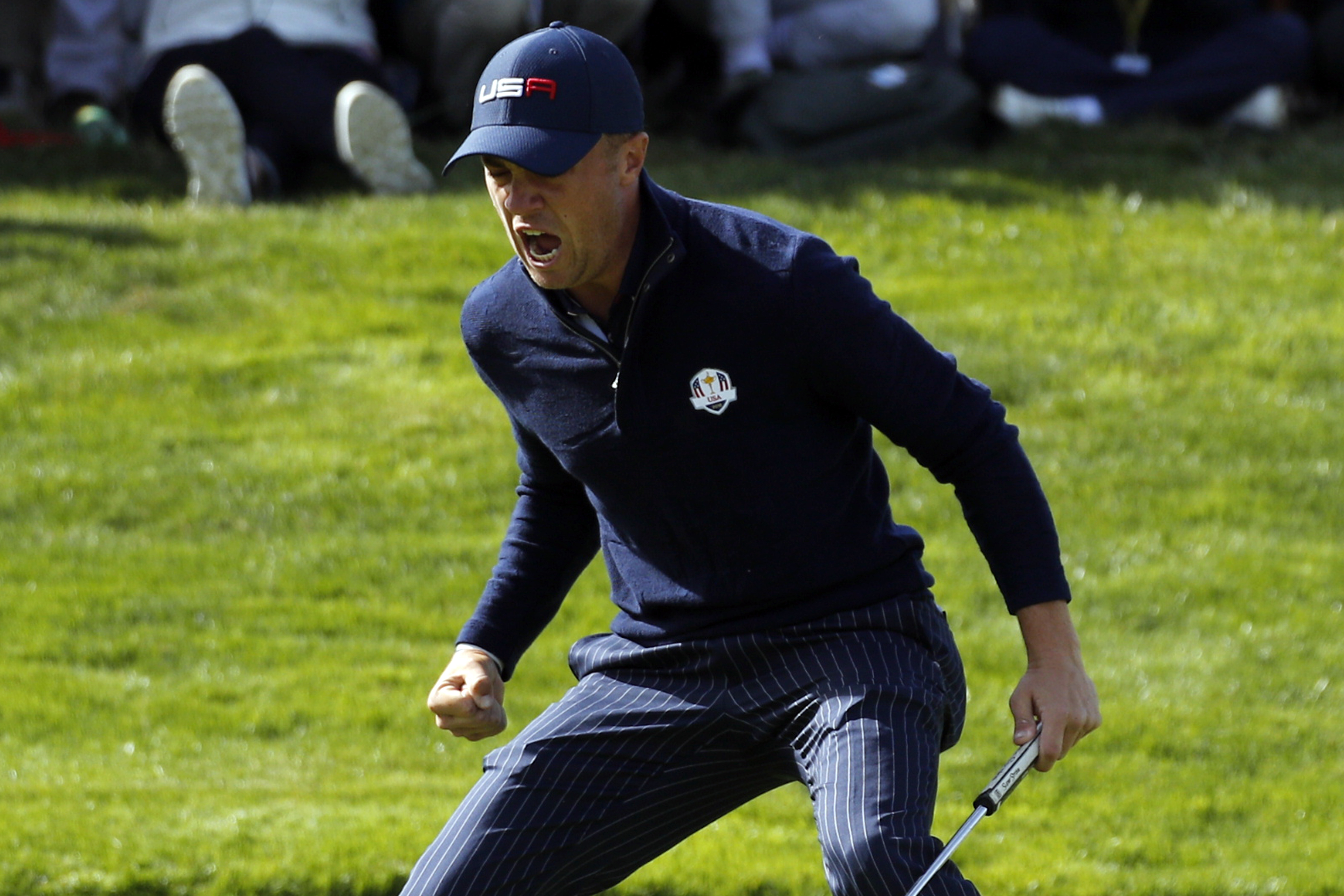 FILE - United States' Justin Thomas reacts after winning his fourball match with his teammate Jordan Spieth on the second day of the 2018 Ryder Cup at Le Golf National in Saint Quentin-en-Yvelines, outside Paris, France, Saturday, Sept. 29, 2018. (Francois Mori - AP)