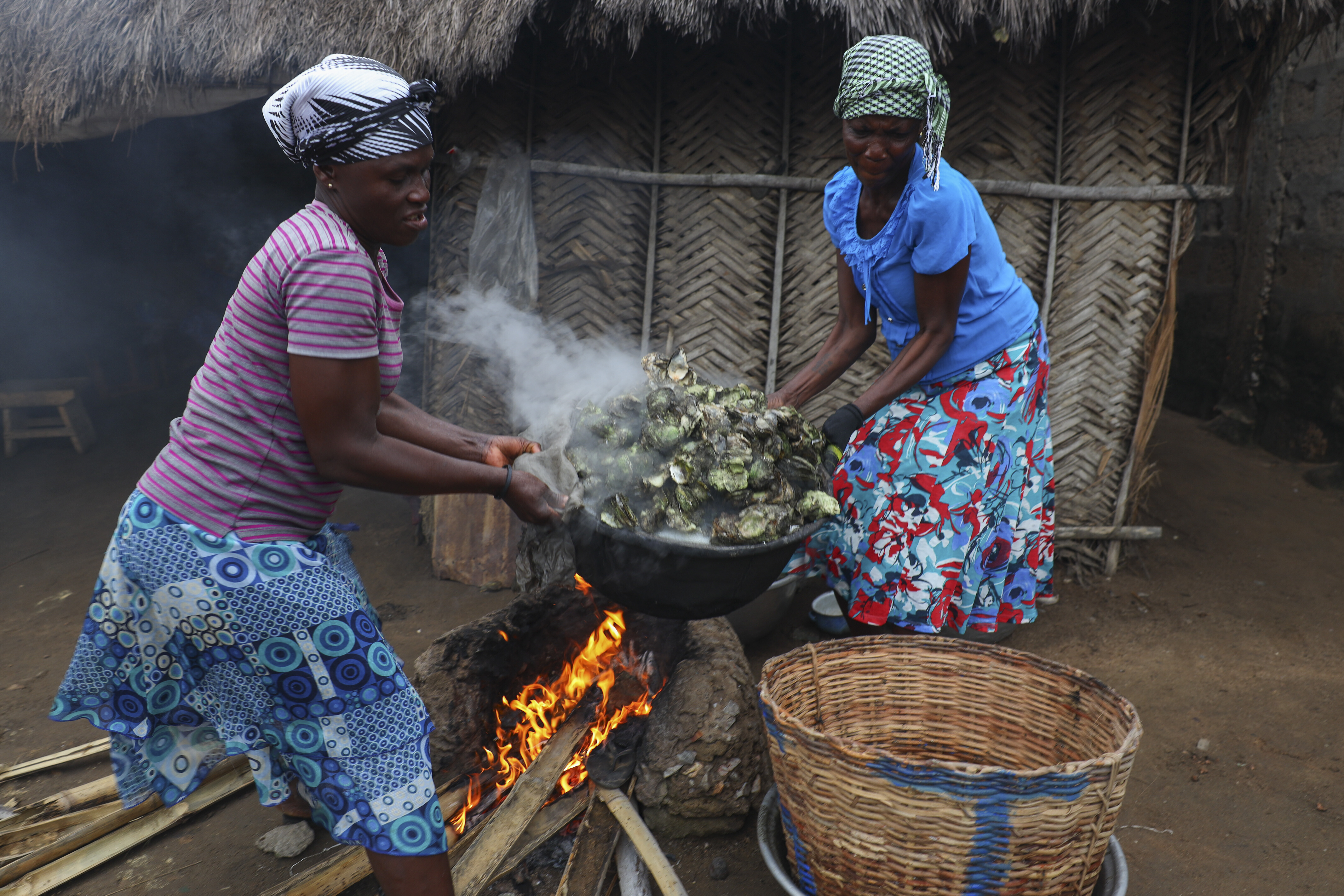 Women cook freshly harvested oysters at Tsokomey, Ghana, Aug. 6, 2025. (Misper Apawu - AP)