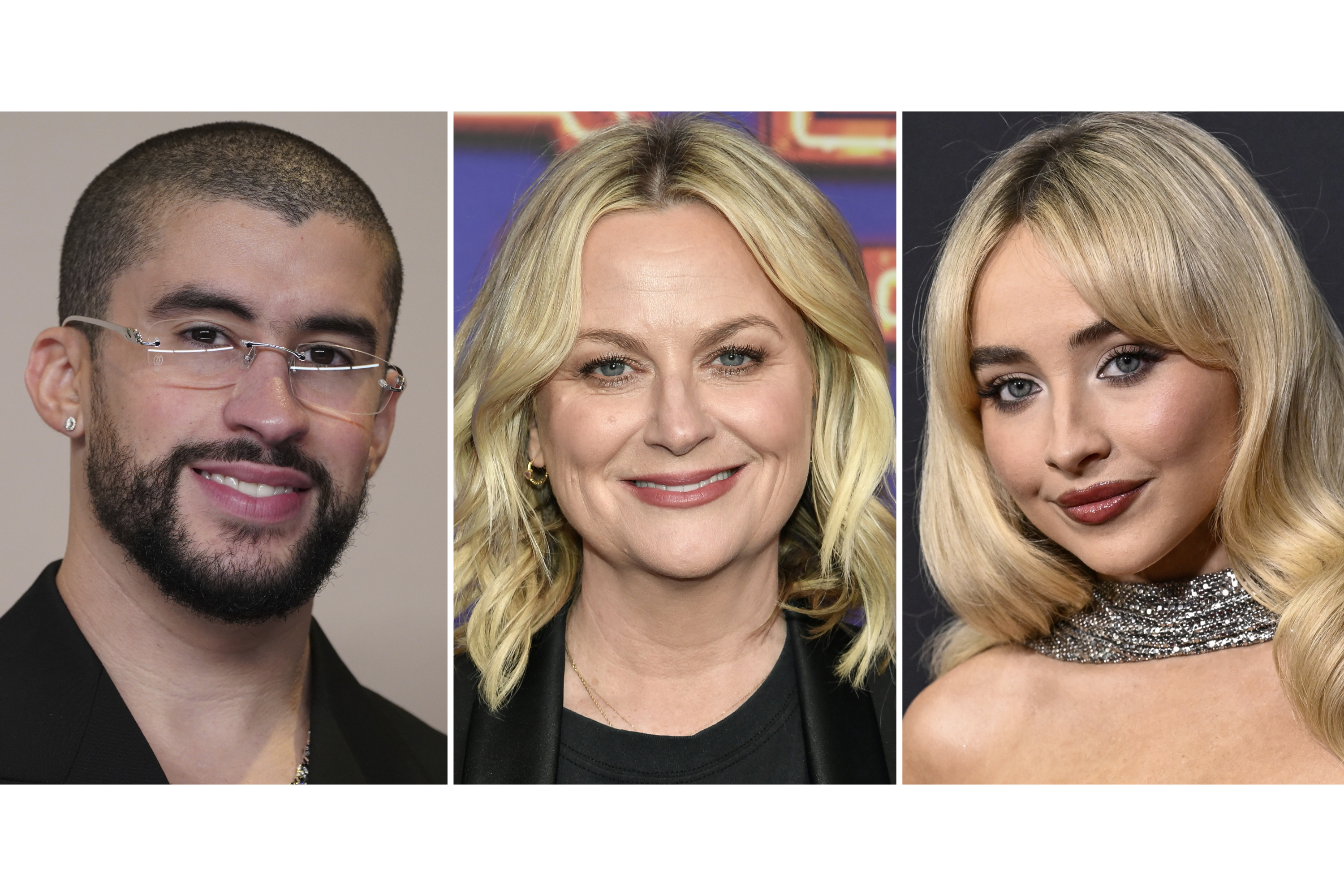 Bad Bunny appears at the Oscars in Los Angeles on March 10, 2024, left, Amy Poehler allears at the SNL50: The Homecoming Concert in New York on Feb. 14, 2025, center, and Sabrina Carpenter appears at the Time100 Next event in New York on Oct. 9, 2024. (Uncredited - AP)