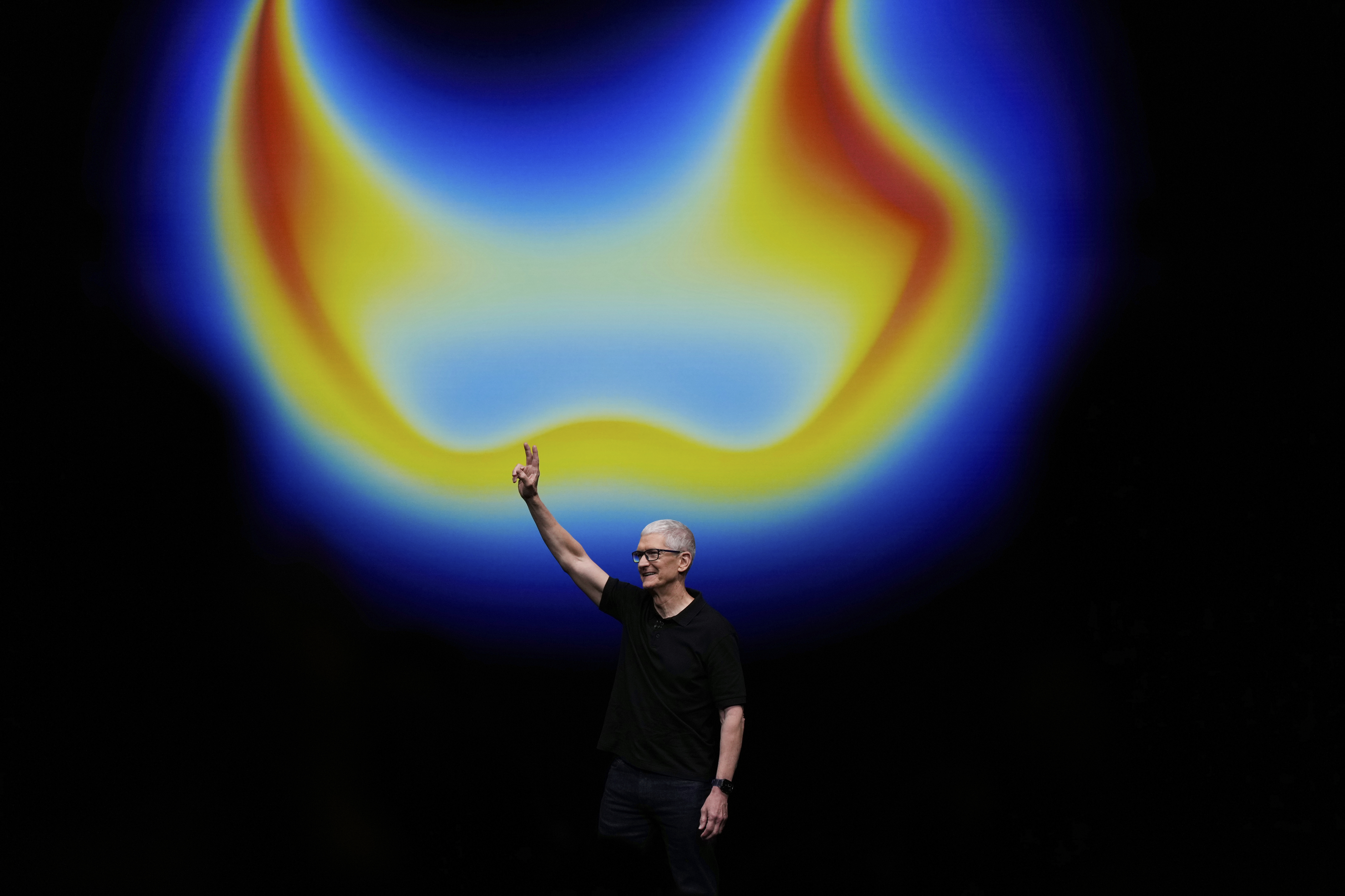 Apple CEO Tim Cook waves on stage during an announcement of new products at Apple Park on Tuesday, Sept. 9, 2025, in Cupertino, Calif. (Godofredo A. Vásquez - AP)