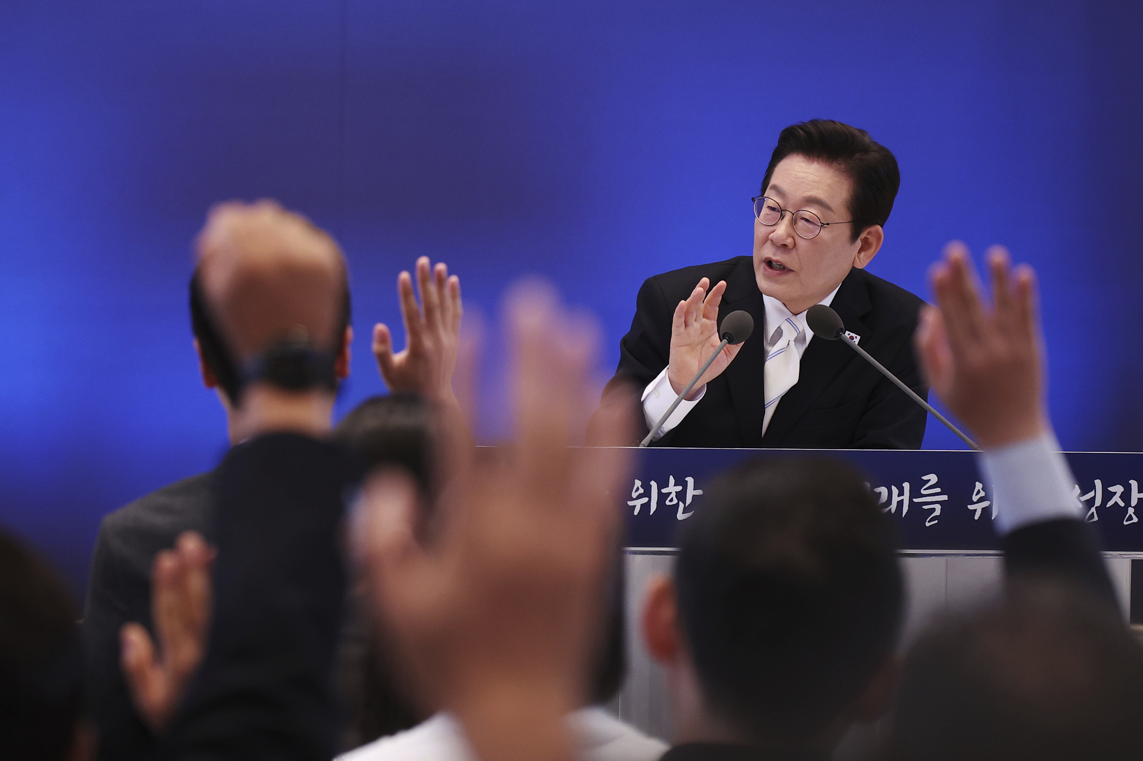 South Korean President Lee Jae Myung takes questions during a news conference to mark 100 days in office at the Blue House in Seoul, South Korea, Sept, 11, 2025. (Kim Hong-Ji - Pool Reuters)