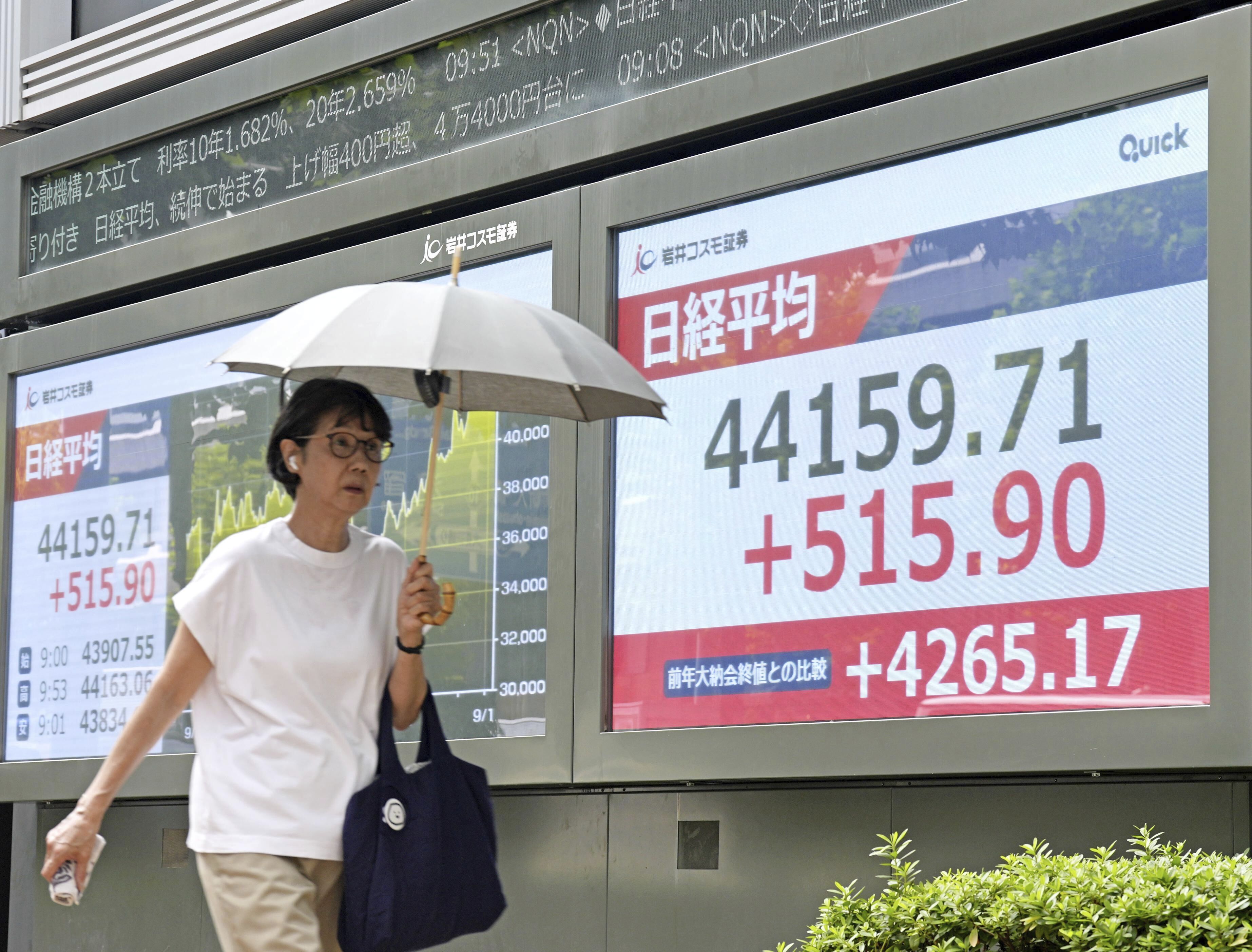 People walks past an electronic stock board showing Japan's Nikkei index at a securities firm Tuesday, Sept. 9, 2025, in Tokyo. (Uncredited - Kyodo News)