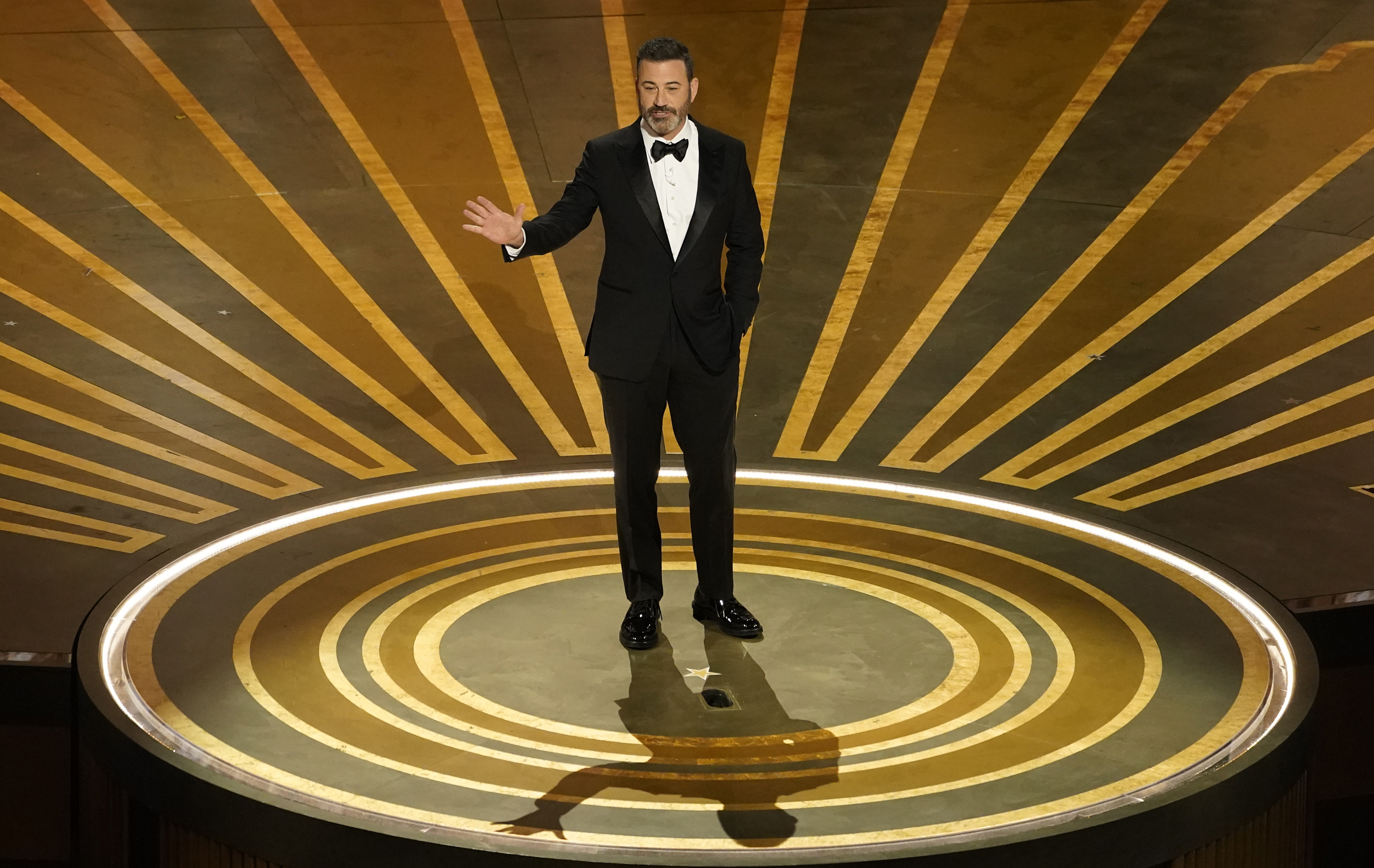 FILE - Host Jimmy Kimmel speaks at the Oscars on March 12, 2023, in Los Angeles. (Chris Pizzello - Invision)