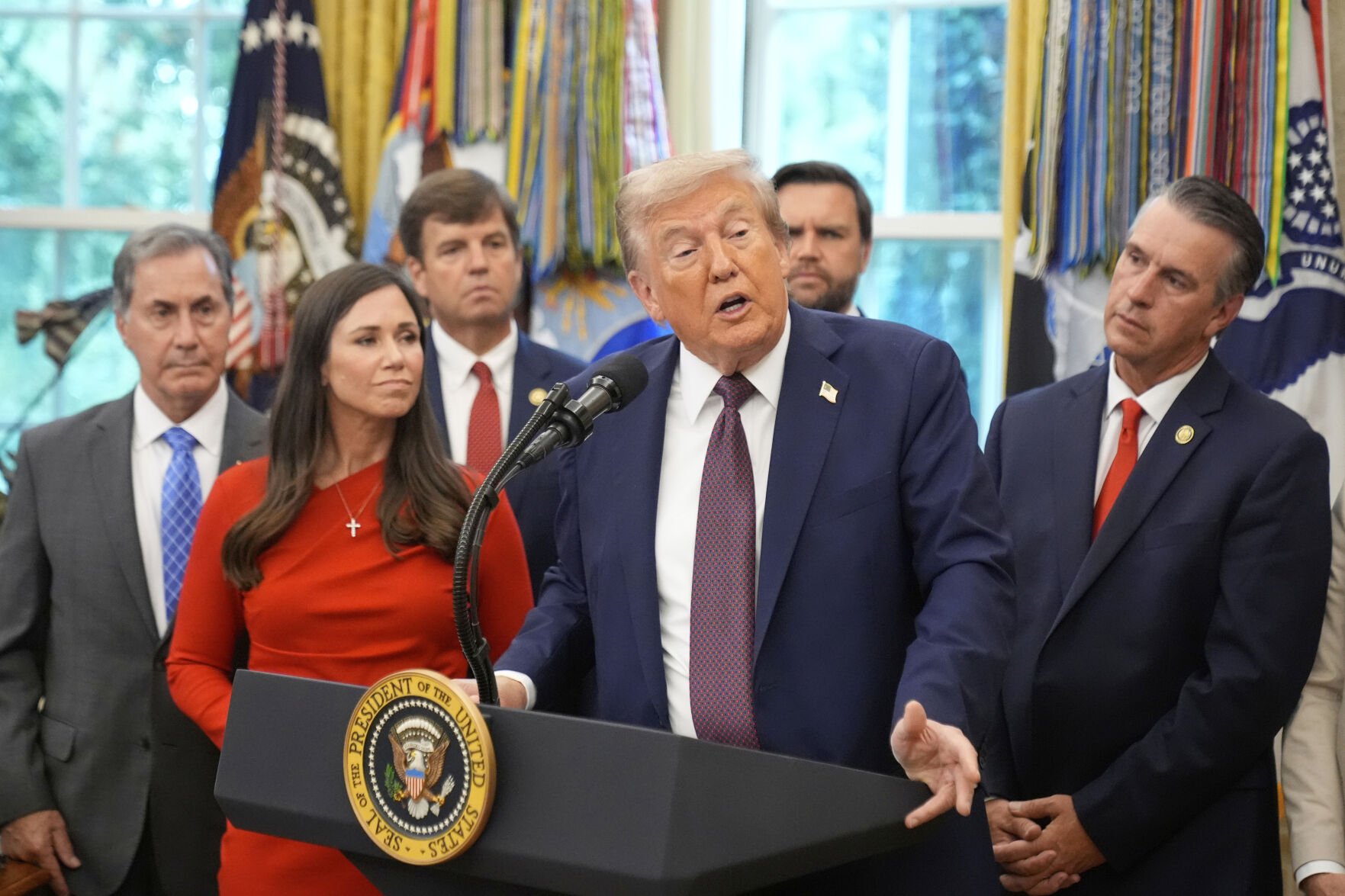 President Donald Trump speaks during an event about the relocation of U.S. Space Command headquarters from Colorado to Alabama in the Oval Office of the White House, Tuesday in Washington. (the associated press)