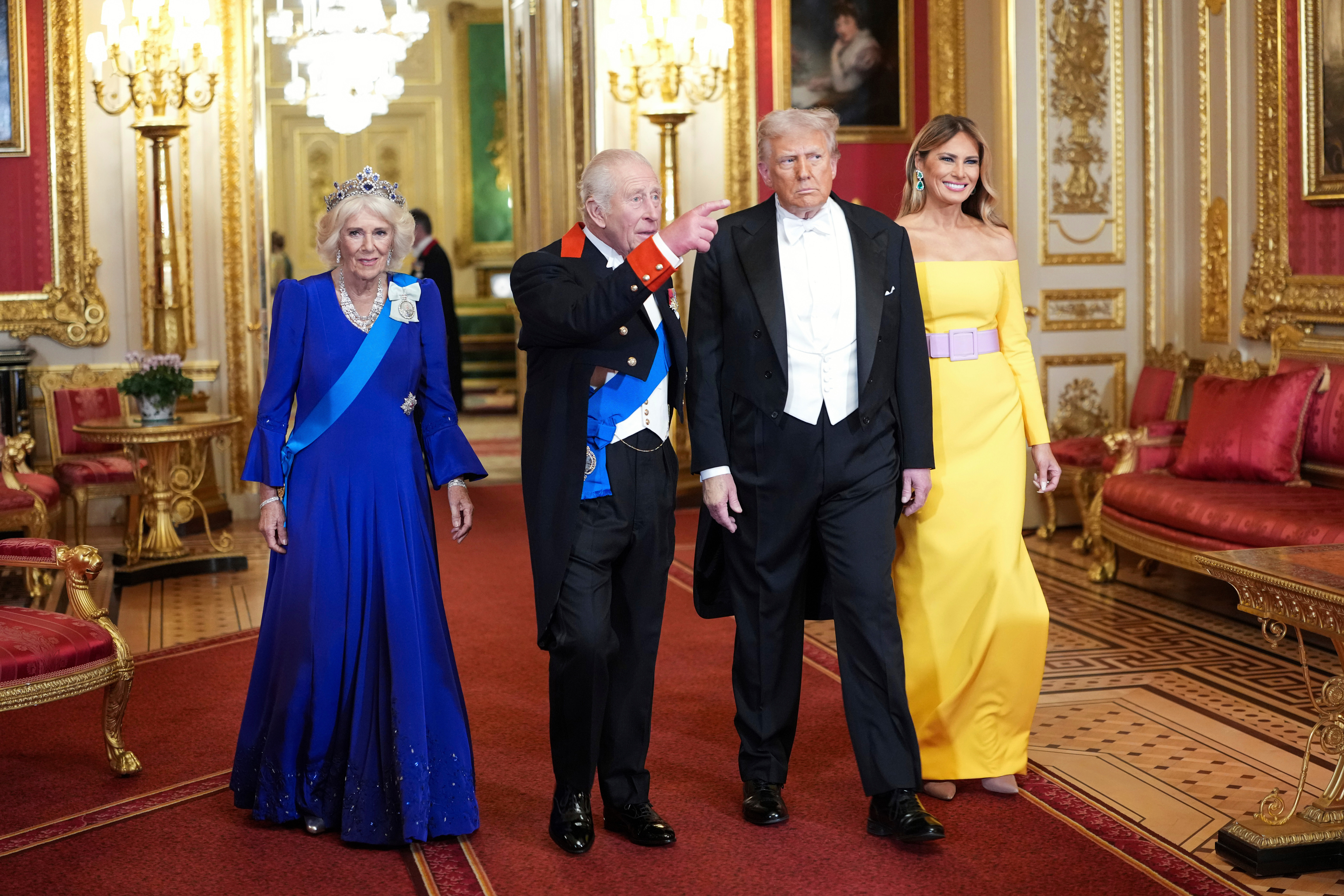 U.S. President Donald Trump and First Lady Melania Trump, right, arrive with Britain's King Charles and Britain's Queen Camilla, for the official state banquet at the Windsor Castle, in Windsor, England, Wednesday, Sept. 17, 2025. (Doug Mills - Pool The New York Times)