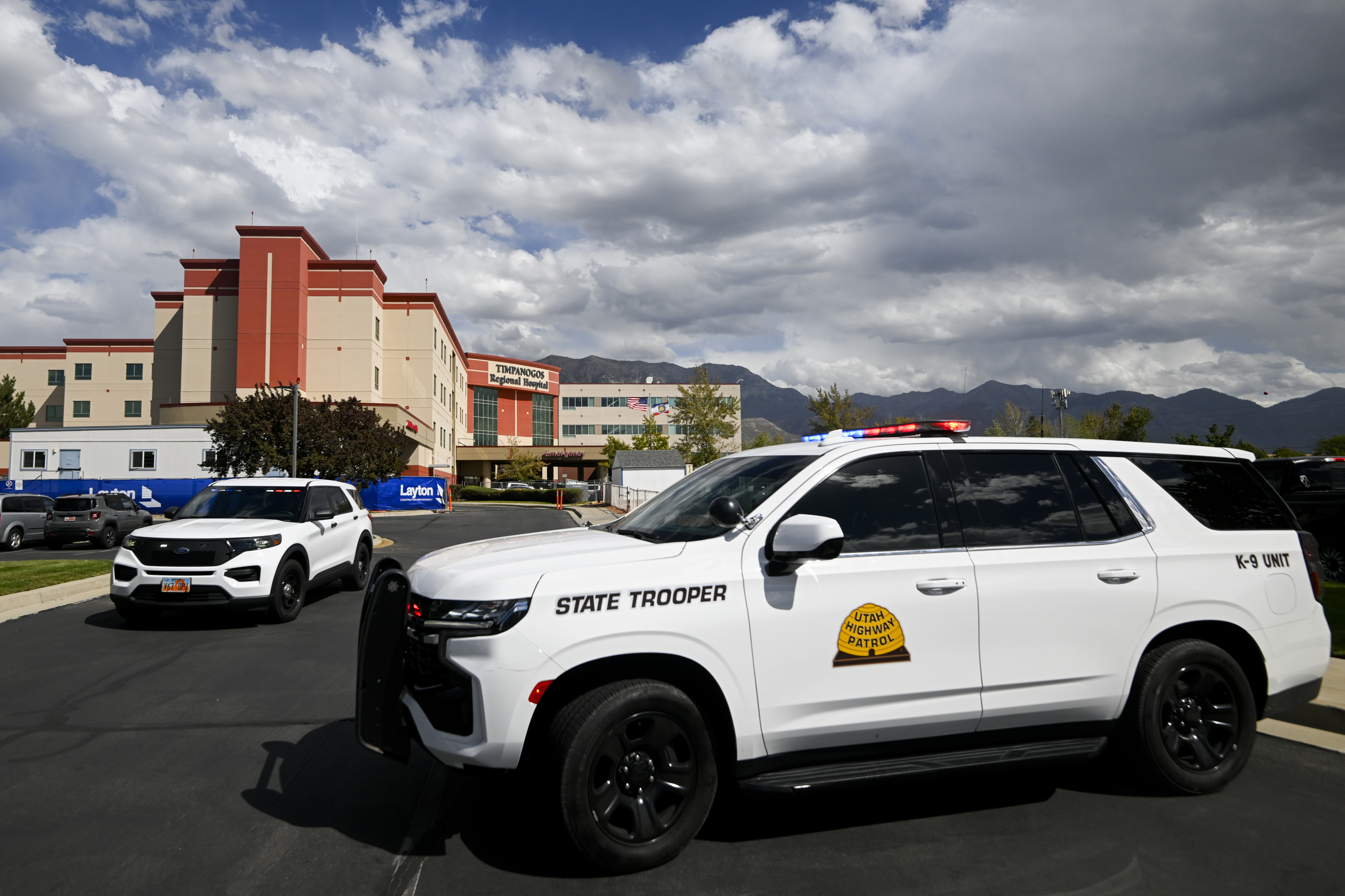 Utah Highway Patrol vehicles park outside Timpanogos Regional Hospital on Wednesday, Sept. 10, 2025, in Orem, Utah. (Alex Goodlett - FR171569 AP)