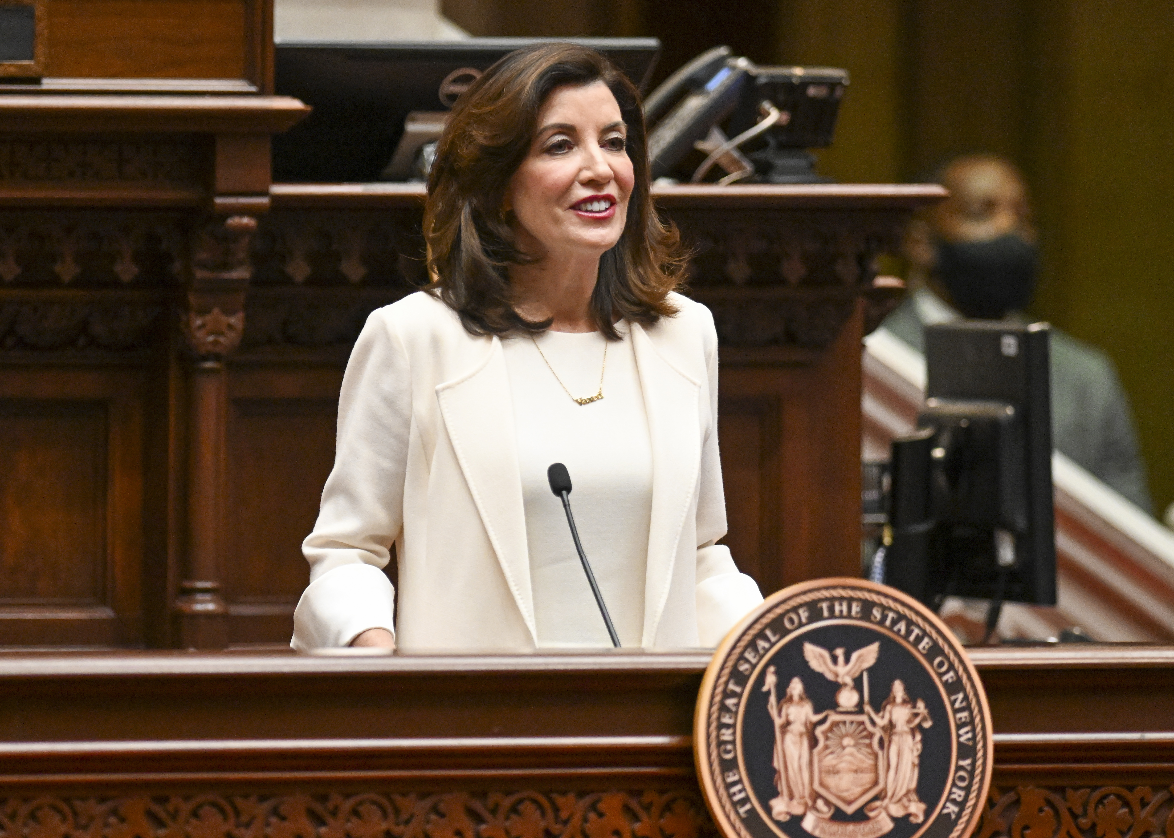FILE - New York Gov. Kathy Hochul delivers her first State of the State address in the Assembly Chamber at the state Capitol, on Jan. 5, 2022, in Albany, N.Y. (Hans Pennink - Pool FR58980 AP)