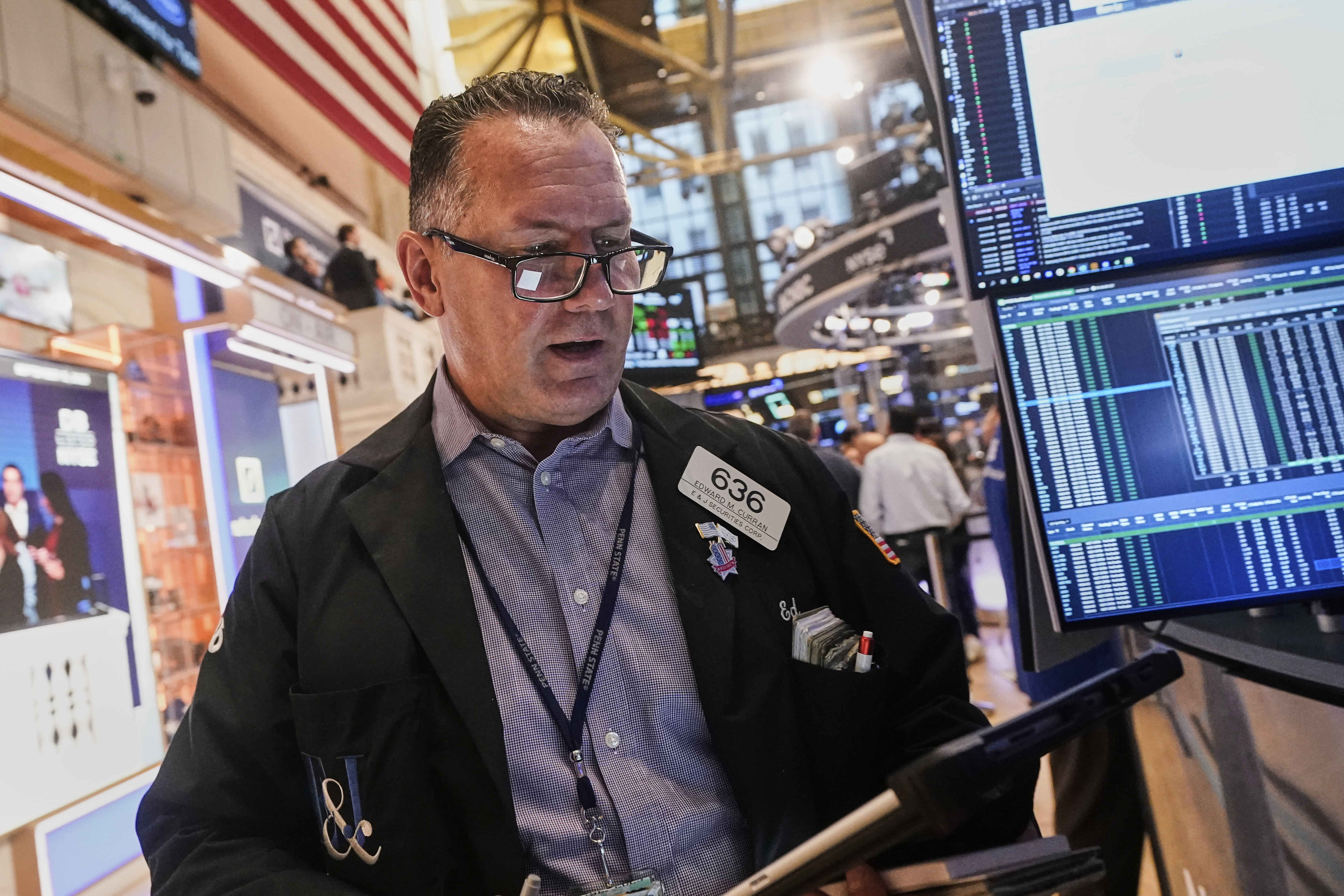 Trader Edward Curran works on the floor of the New York Stock Exchange, Monday, Sept. 15, 2025. (Richard Drew - AP)